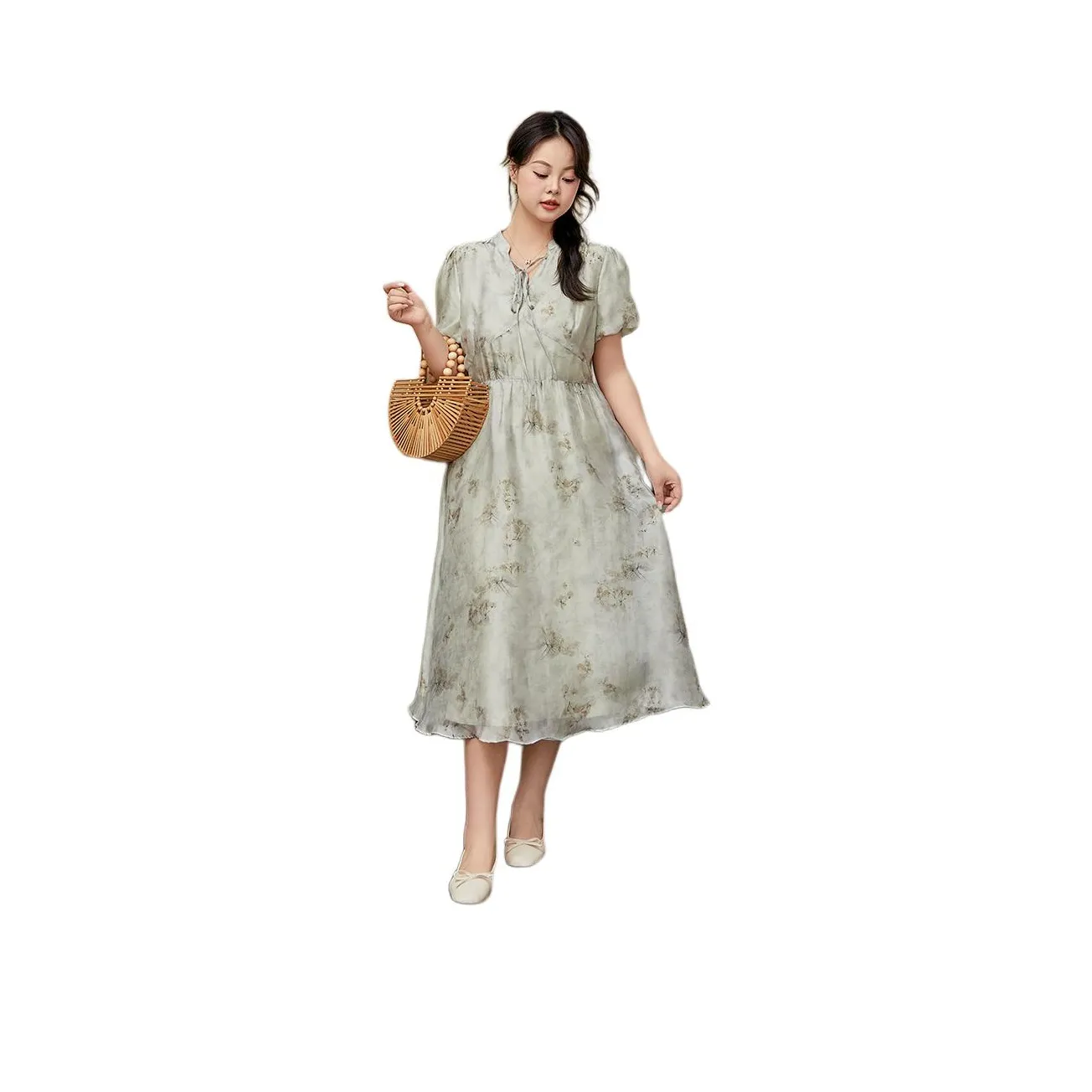 DAMABAIFENBAI Short Sleeved Dress Women's Willow Catkin Green