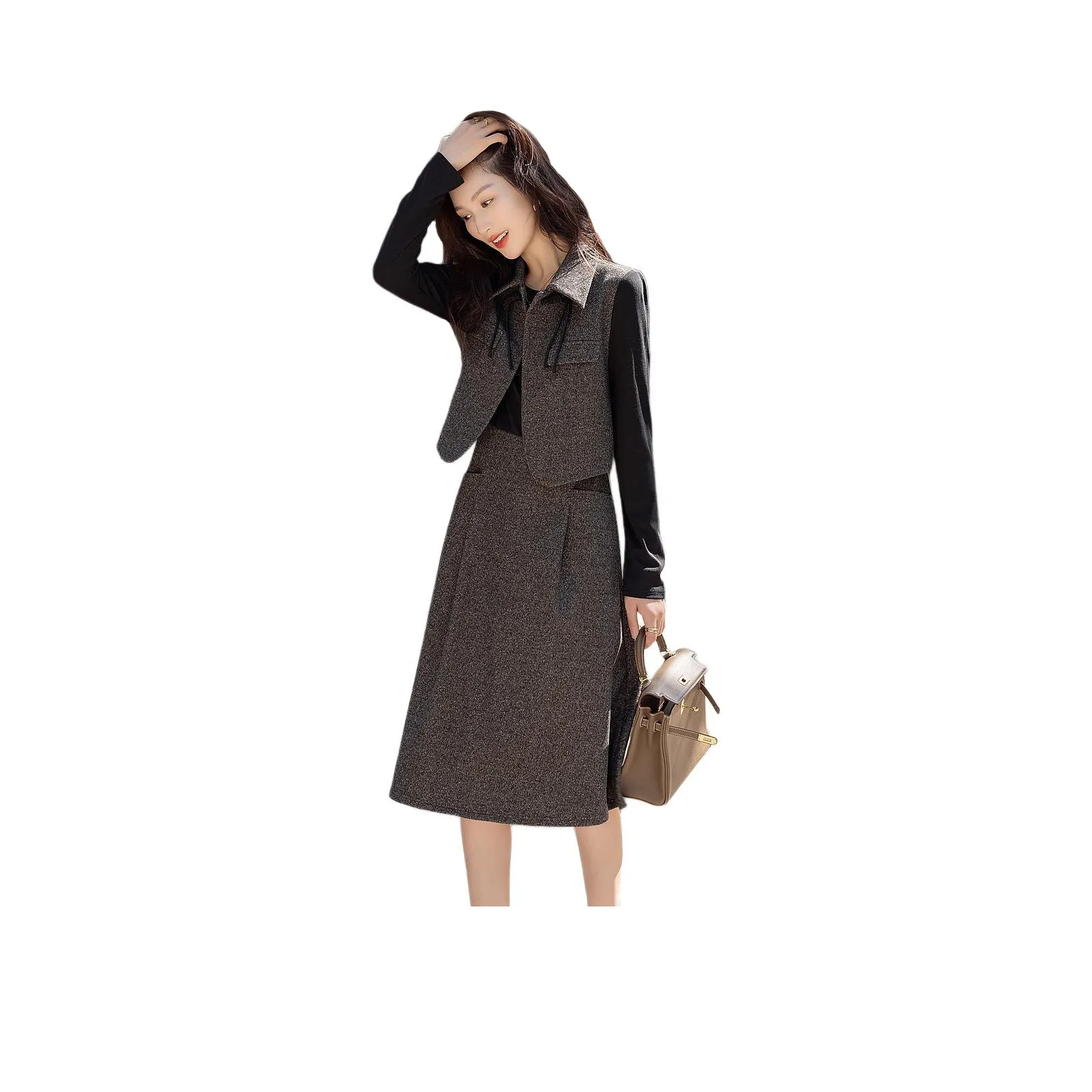 【Dme】 Длинное платье с длинными рукавами женское темно-серый