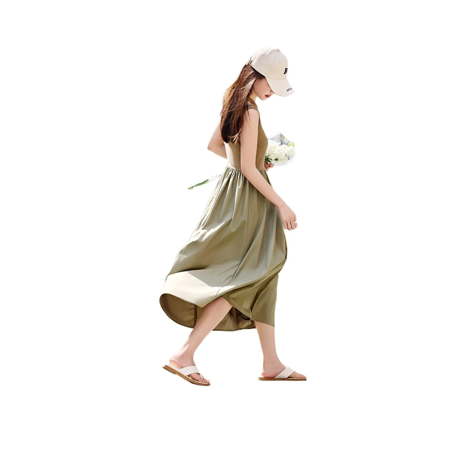 Mo Han Yi Mei Без рукавов Платье Женское Зеленое