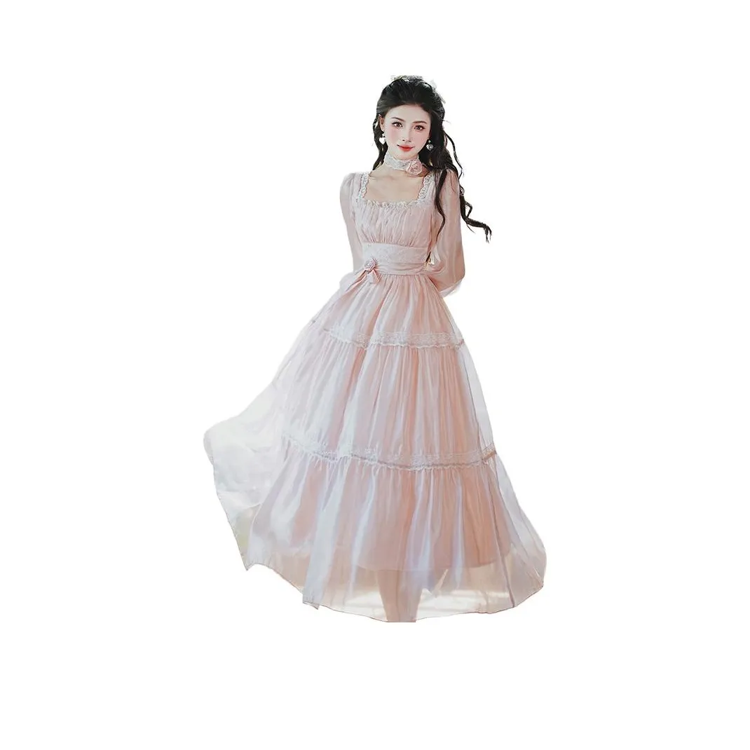 PLANE DRIFT Long Sleeved Dress Women's White Peach Pink