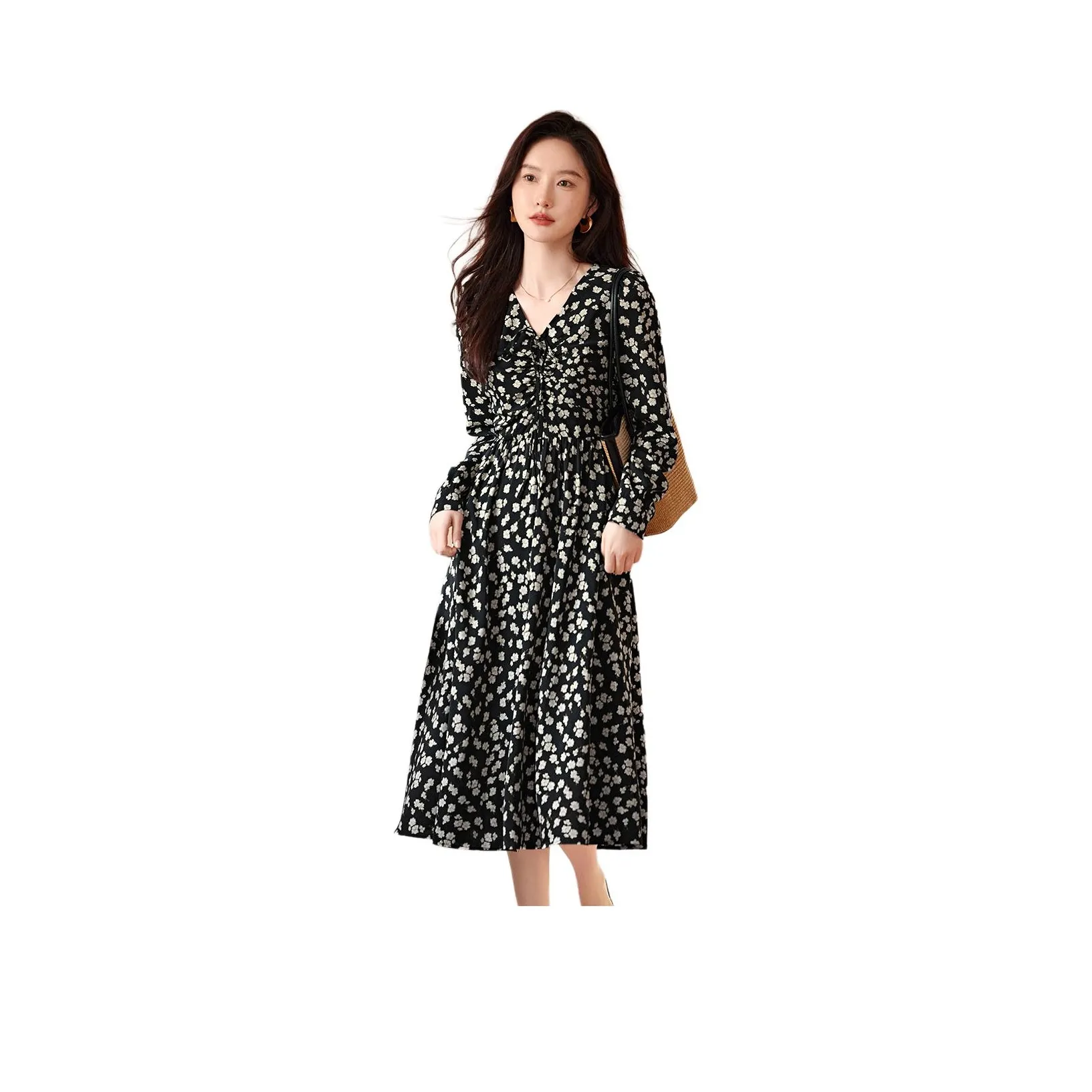 XWI Long Sleeved Dress Women's Black With Beige Floral