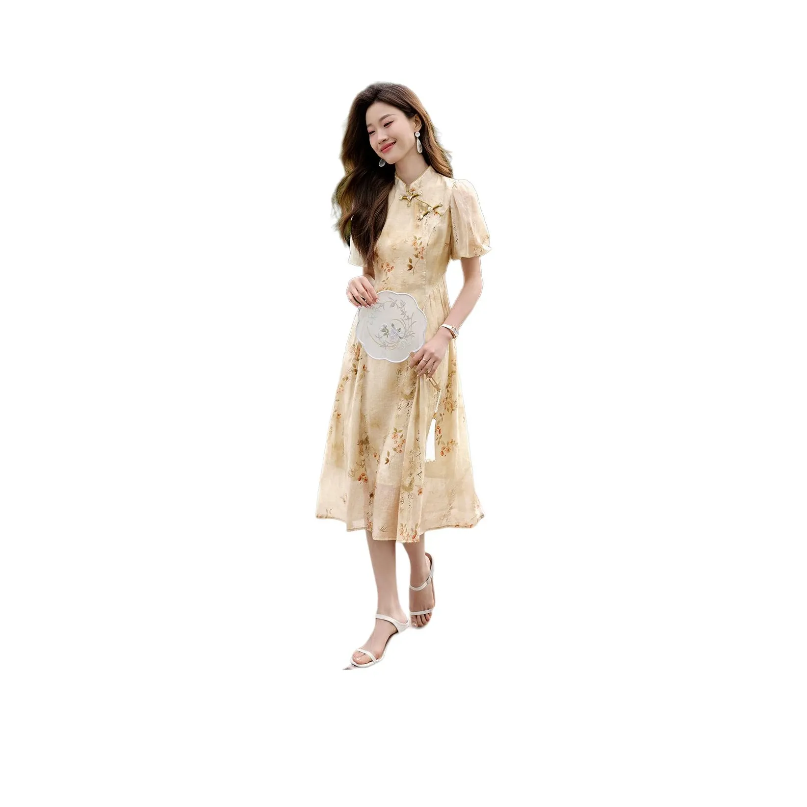 Mo Han Yi Mei Short Sleeved Dress Women's Green Floral