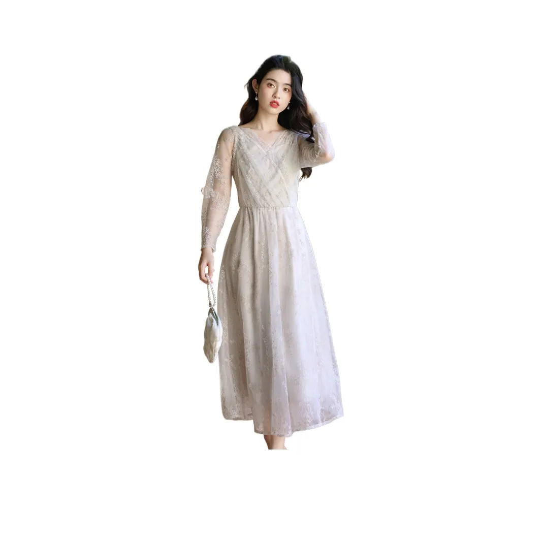 XIAOJUCHUANLI Long Sleeved Dress Women's Elegant Gray