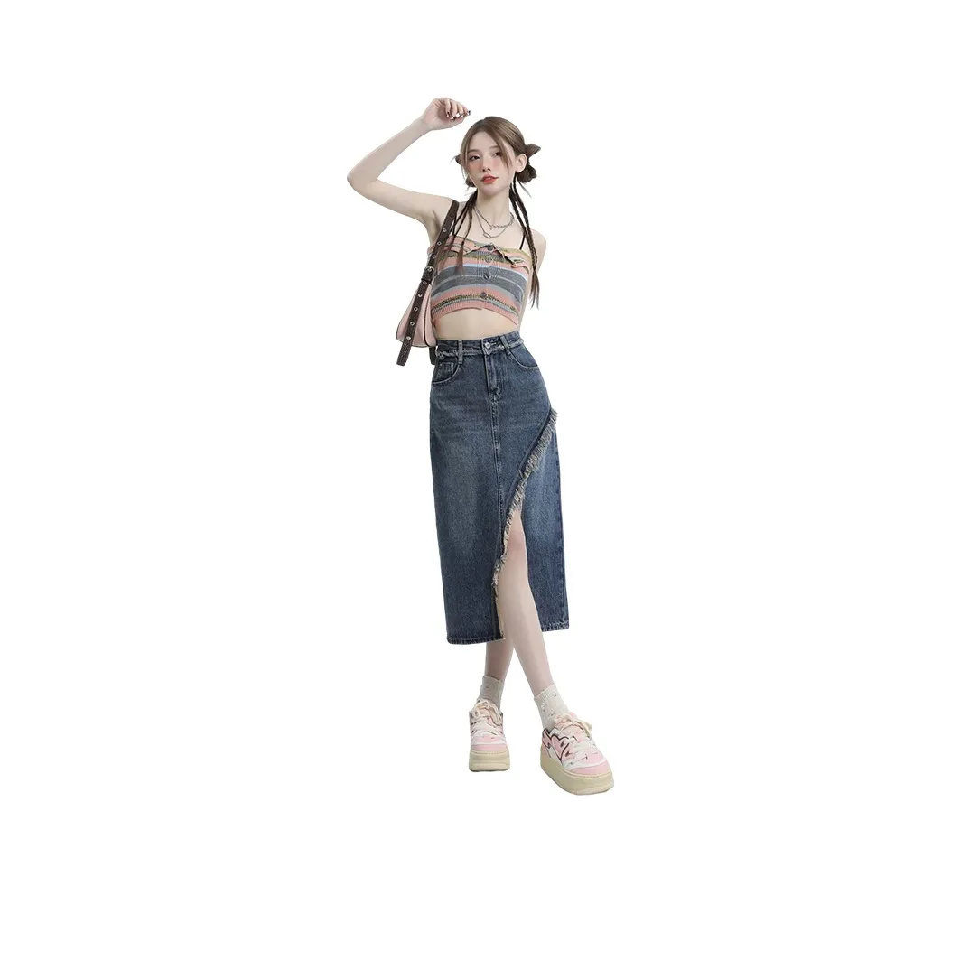 Розово-синяя maxi юбка женские джинсовые длинные юбки