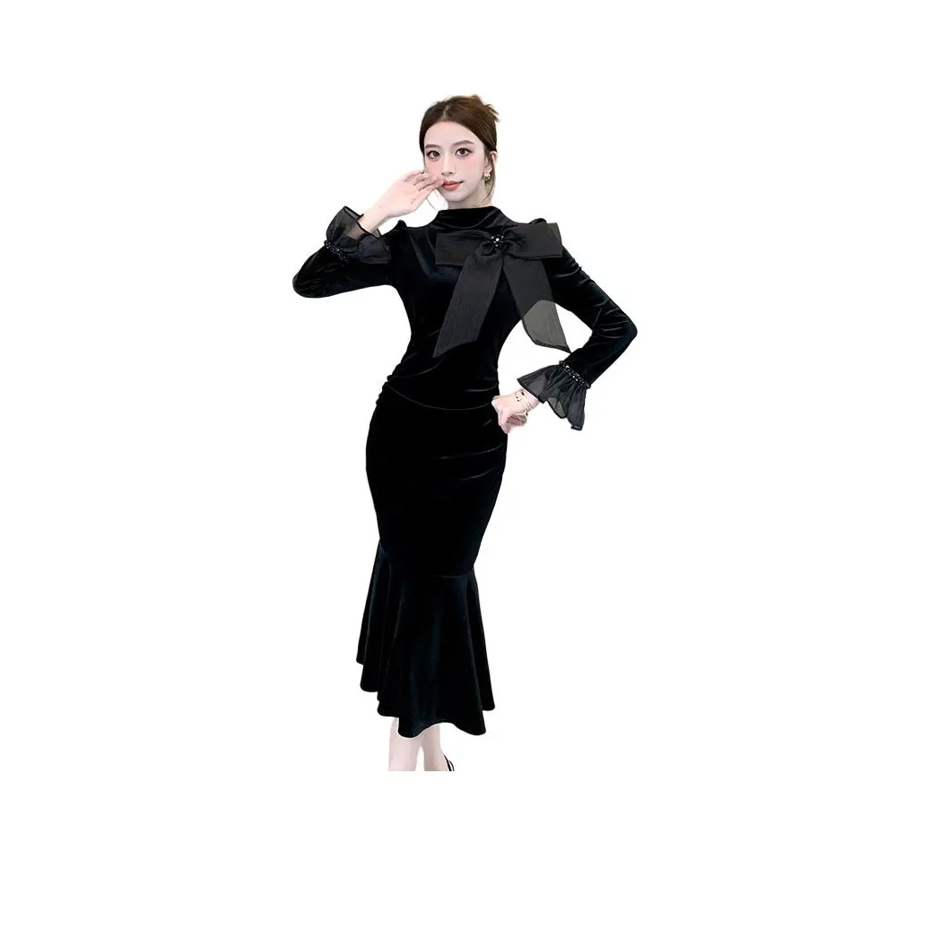 LSVE Длинное платье с длинными рукавами женское черное