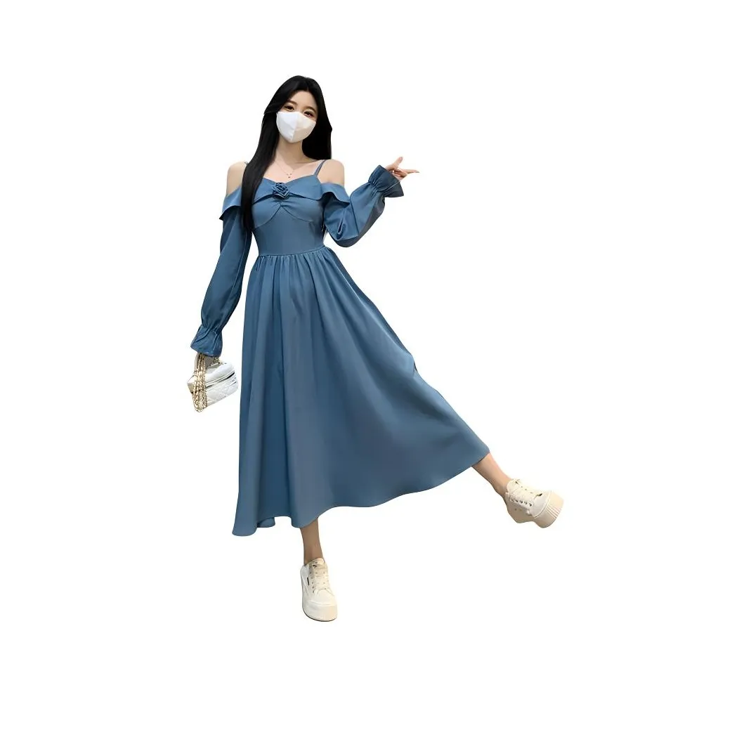 ZCDECO Длинное платье с длинным рукавом женское синее