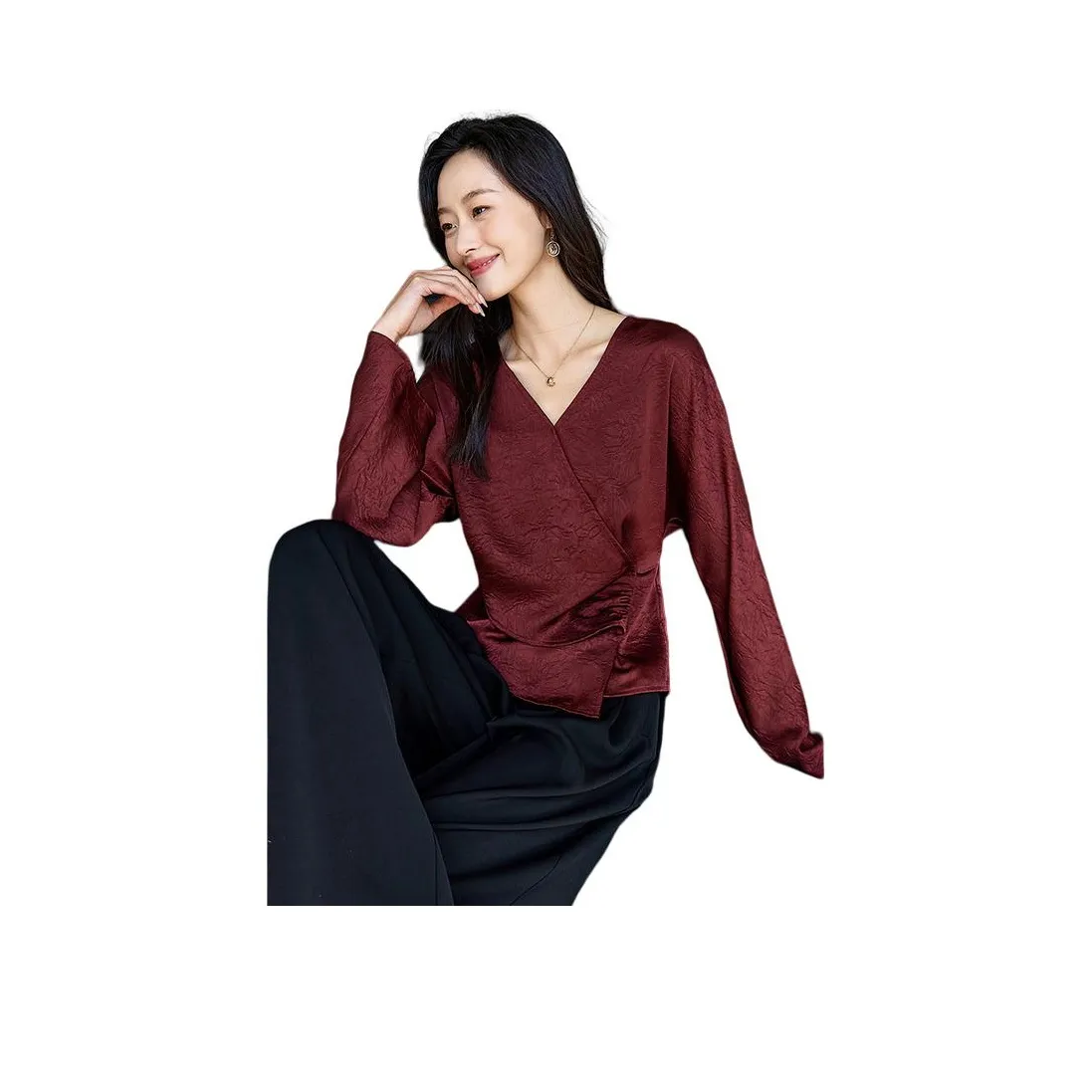 OUNIXUE Шифон Рубашка Женская Бордовый
