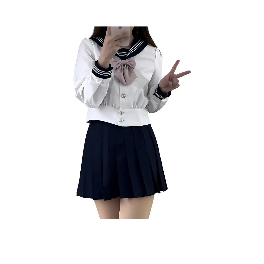 SHUHAOBAI С утяжкой на талии Рукав буф Белый THREE Пуговица Длинный Sleeved+Дымчато-розовый Галстуки-бабочки+Темно-синий Короткая юбка Женские Униформа