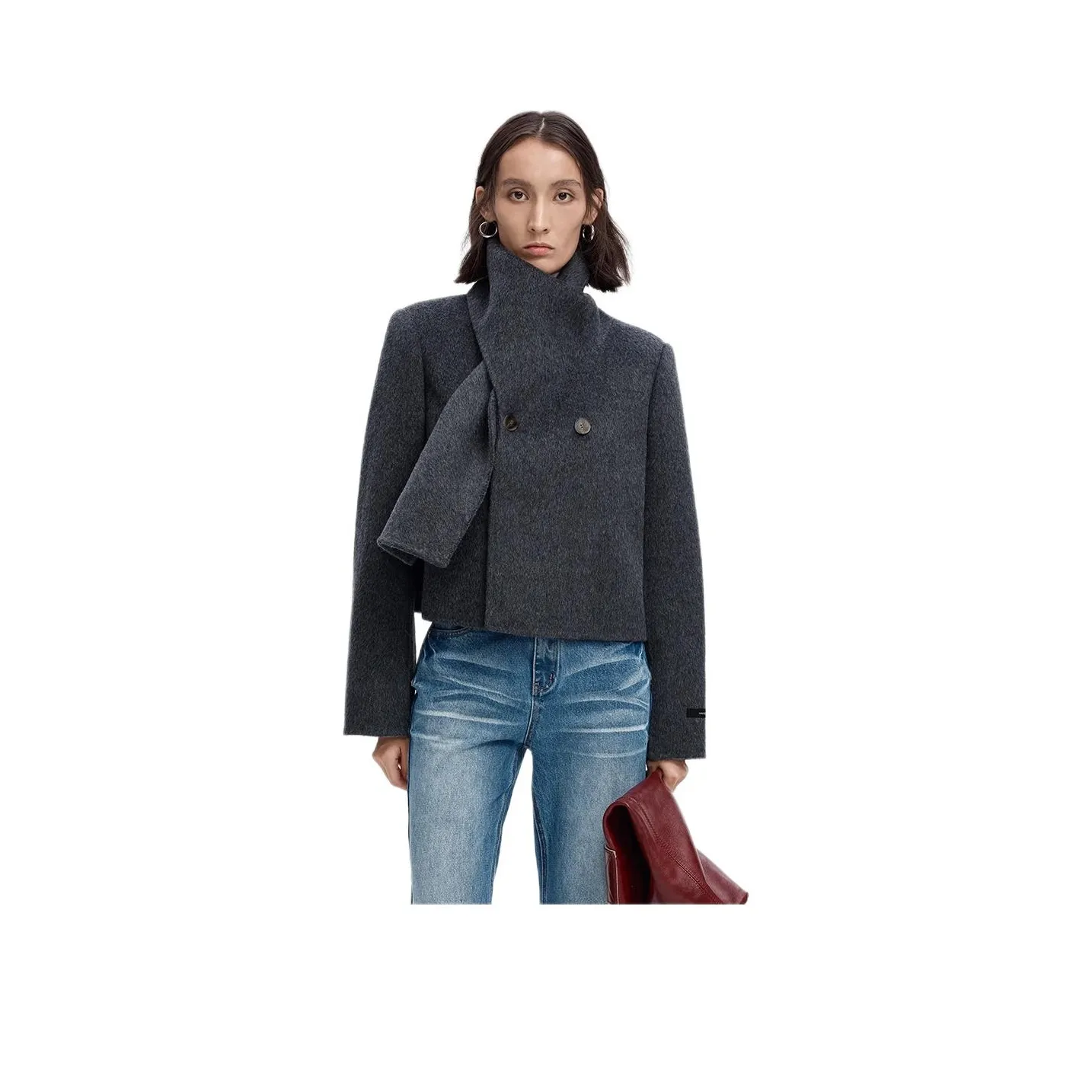 Self Who Scarf Collar Cropped Coat Women's