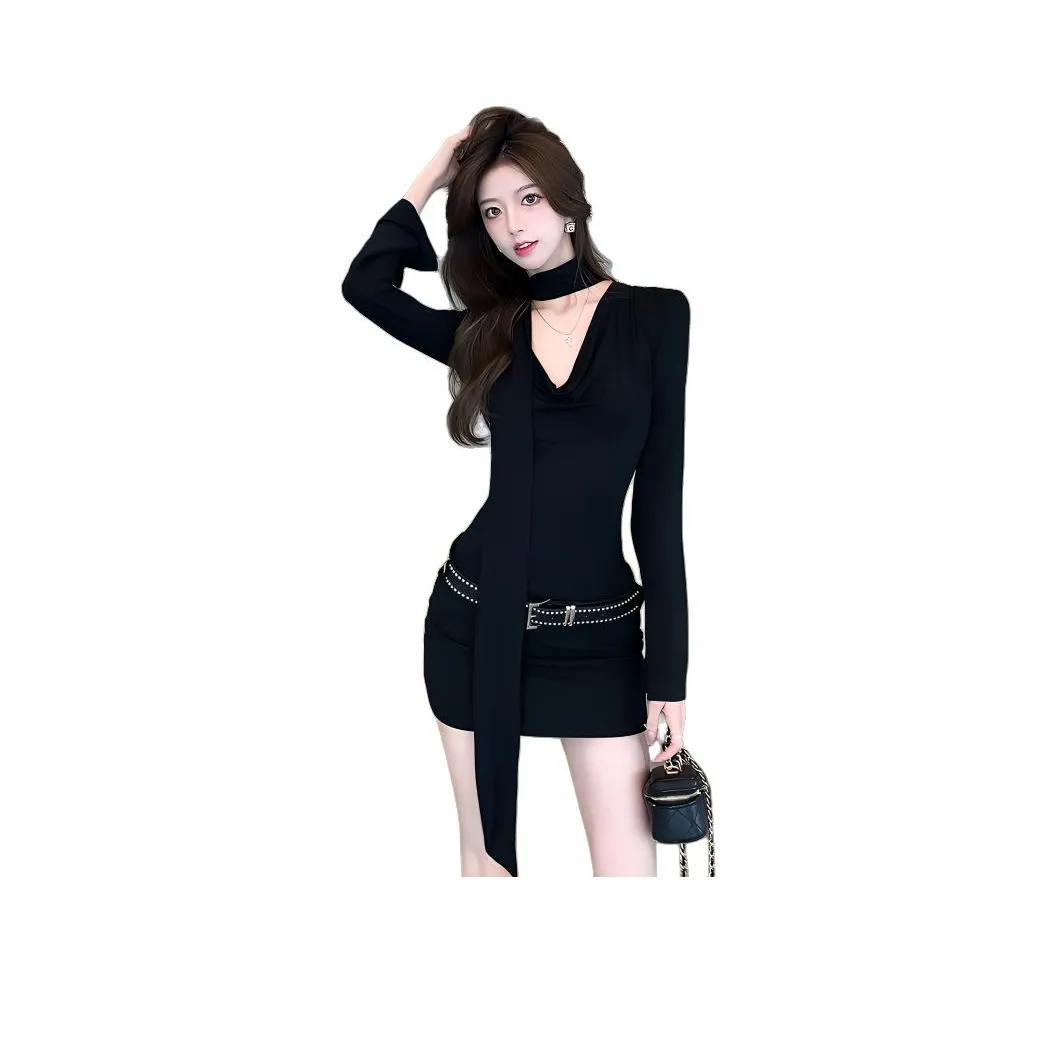 Icicofficial Длинное платье с длинными рукавами женское черное