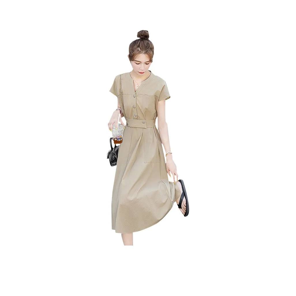 Cypress House Короткий рукав Платье Женское Хаки