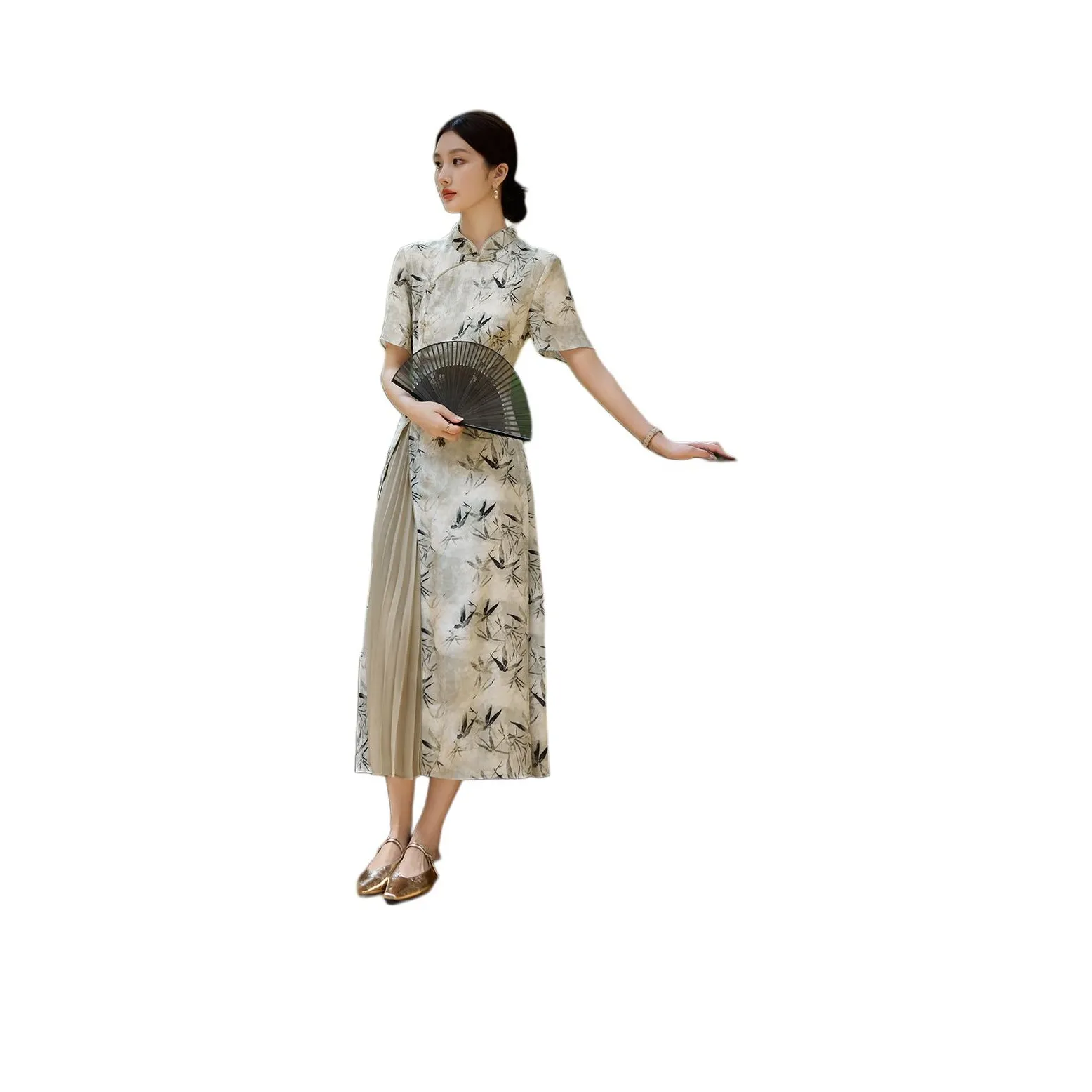 XWI Короткий рукав Платье Женское Зеленый Узор