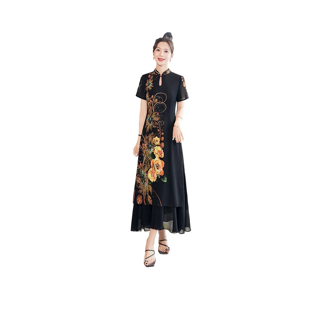 Cypress House Short Sleeved Dress Women's Black With Yellow Floral