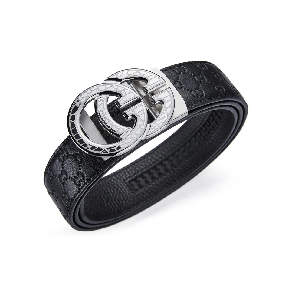 Jeccieziio Top Grain Cow Leather Automatic Buckle Steel Clasp Belt, Husband's Belt Men's Silver Gold Width 3.5cm