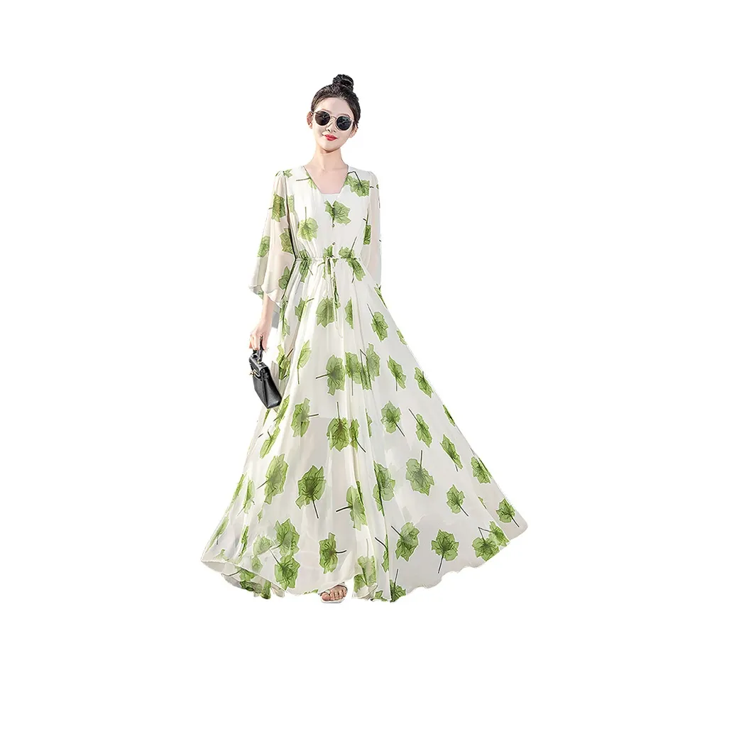Cypress House Long Sleeved Dress Women's Beige With Green Print
