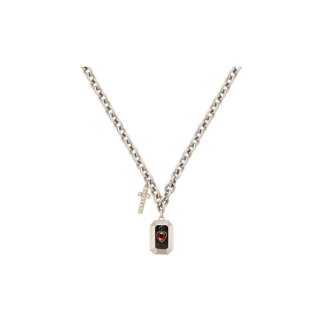 BABAMA Stainless Steel Necklace, Cross, Heart, Distressed Vintage Style Unisex