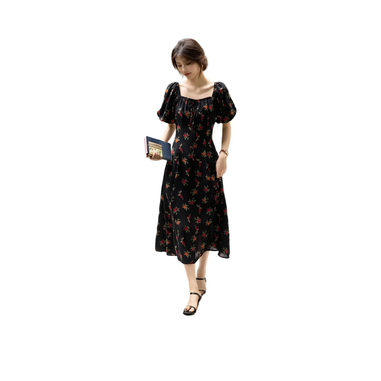 XWI Short Sleeved Dress Women's Black With Red Floral