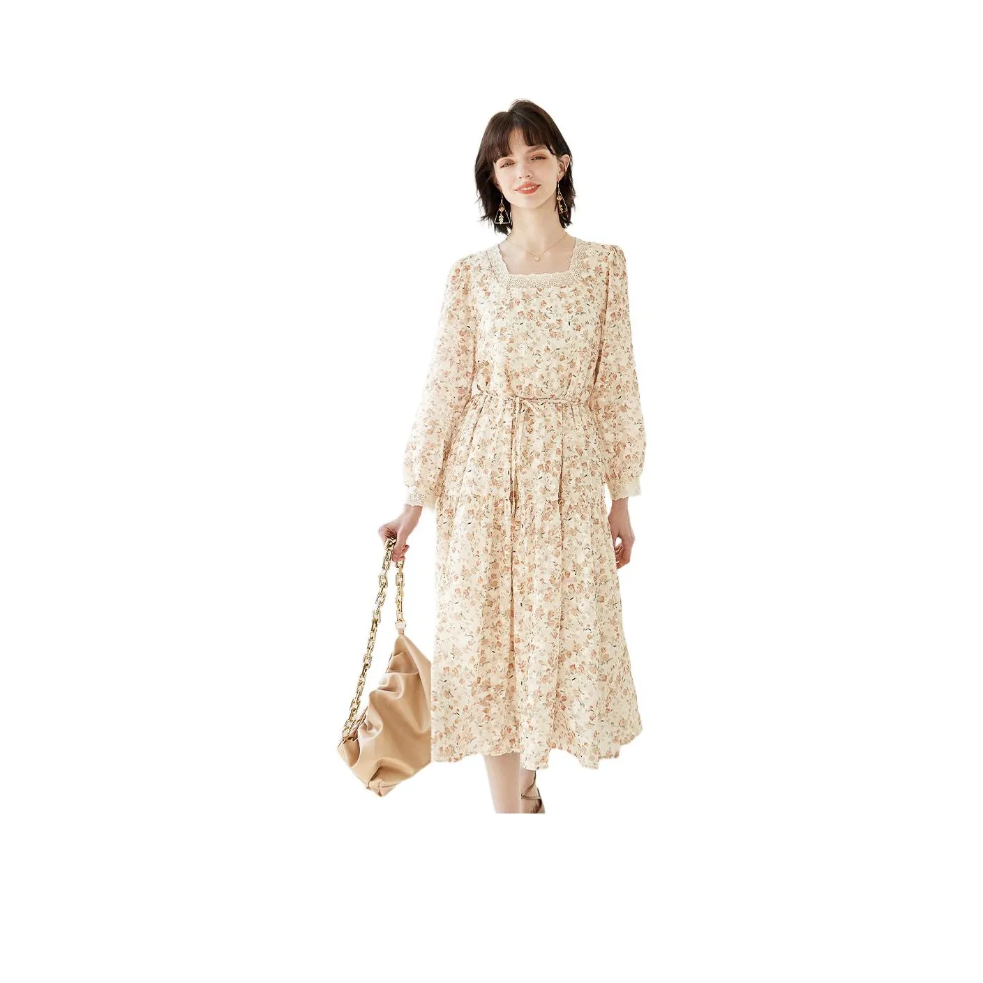 NAWAIN Long Sleeved Dress Women's Beige Orange