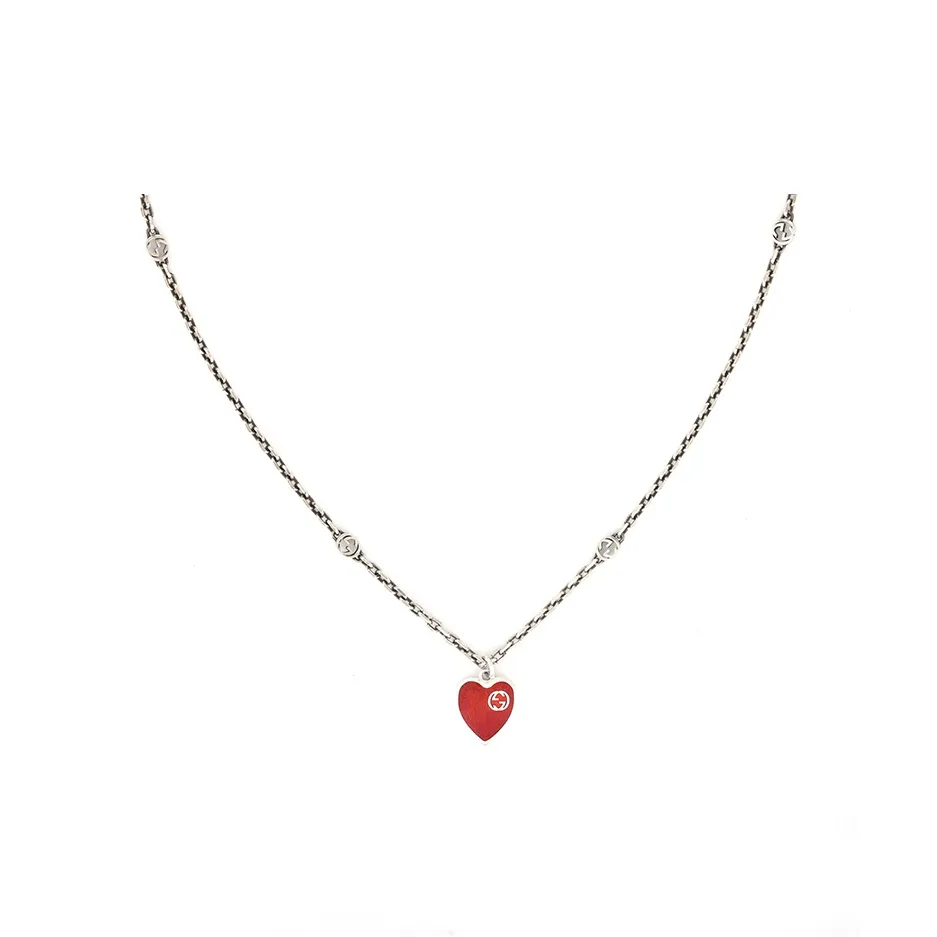 GUCCI Interlocking 925 Sterling Silver Necklaces Women's Red