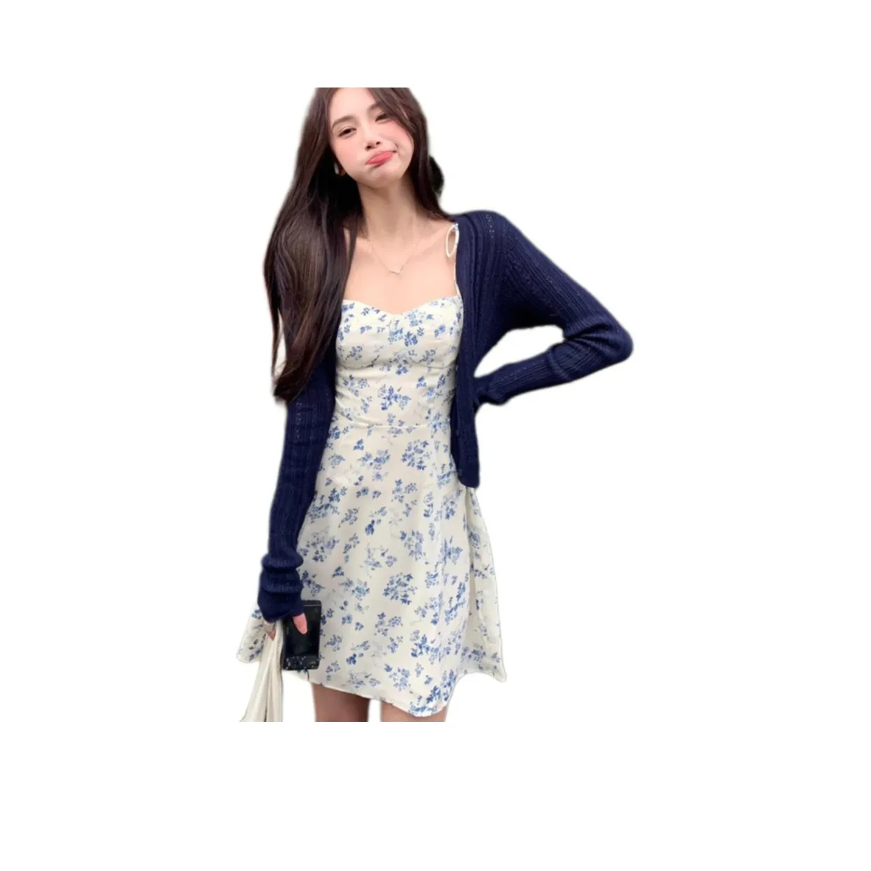 LAKESI Цветочное платье, темно-синий кардиган, женские комплекты с юбкой