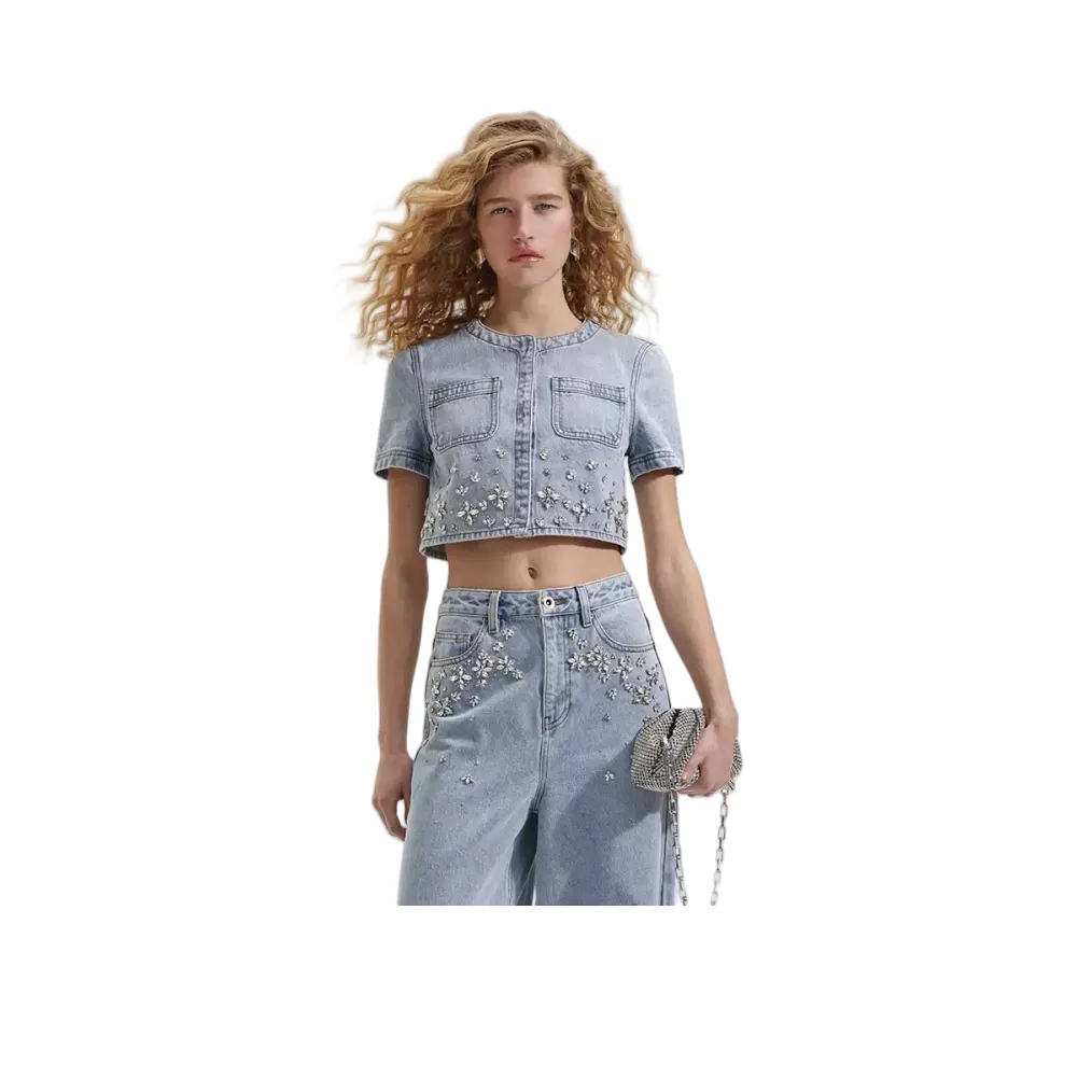 Self-portrait Embellished Cropped Denim Top
