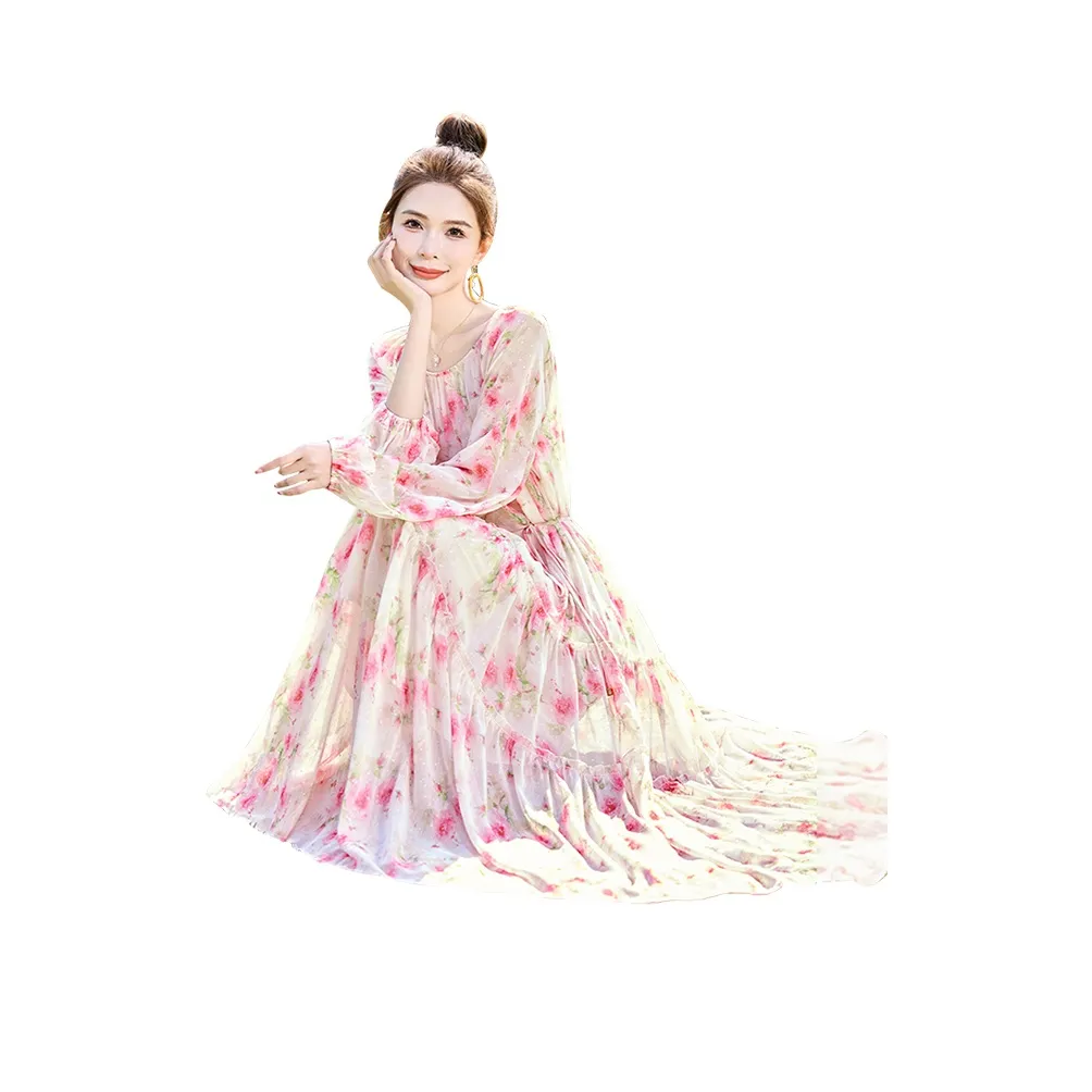 Cypress House Длинное платье с длинными рукавами женское розовый цвет с цветами