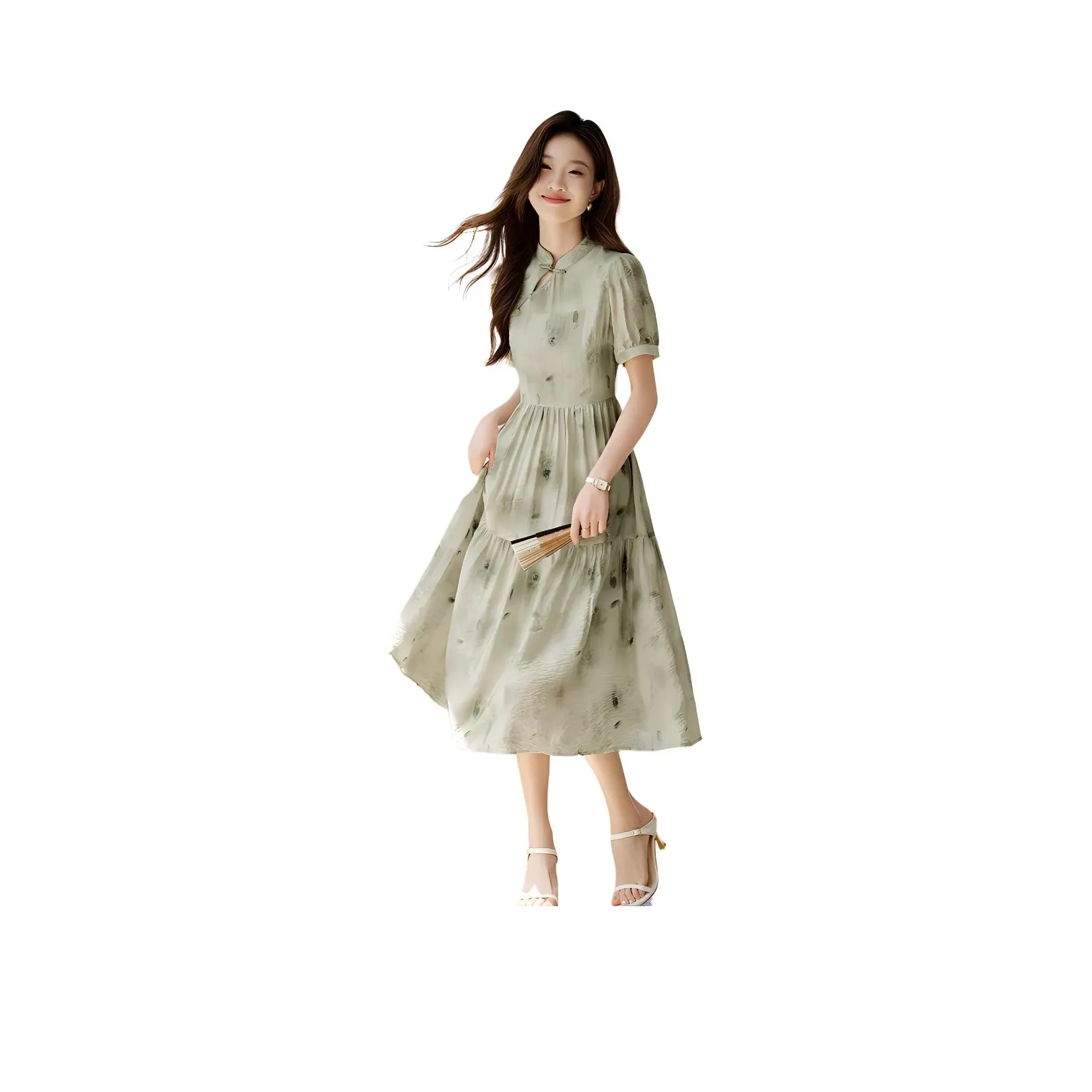 Mo Han Yi Mei Short Sleeved Dress Women's Green Multicolor