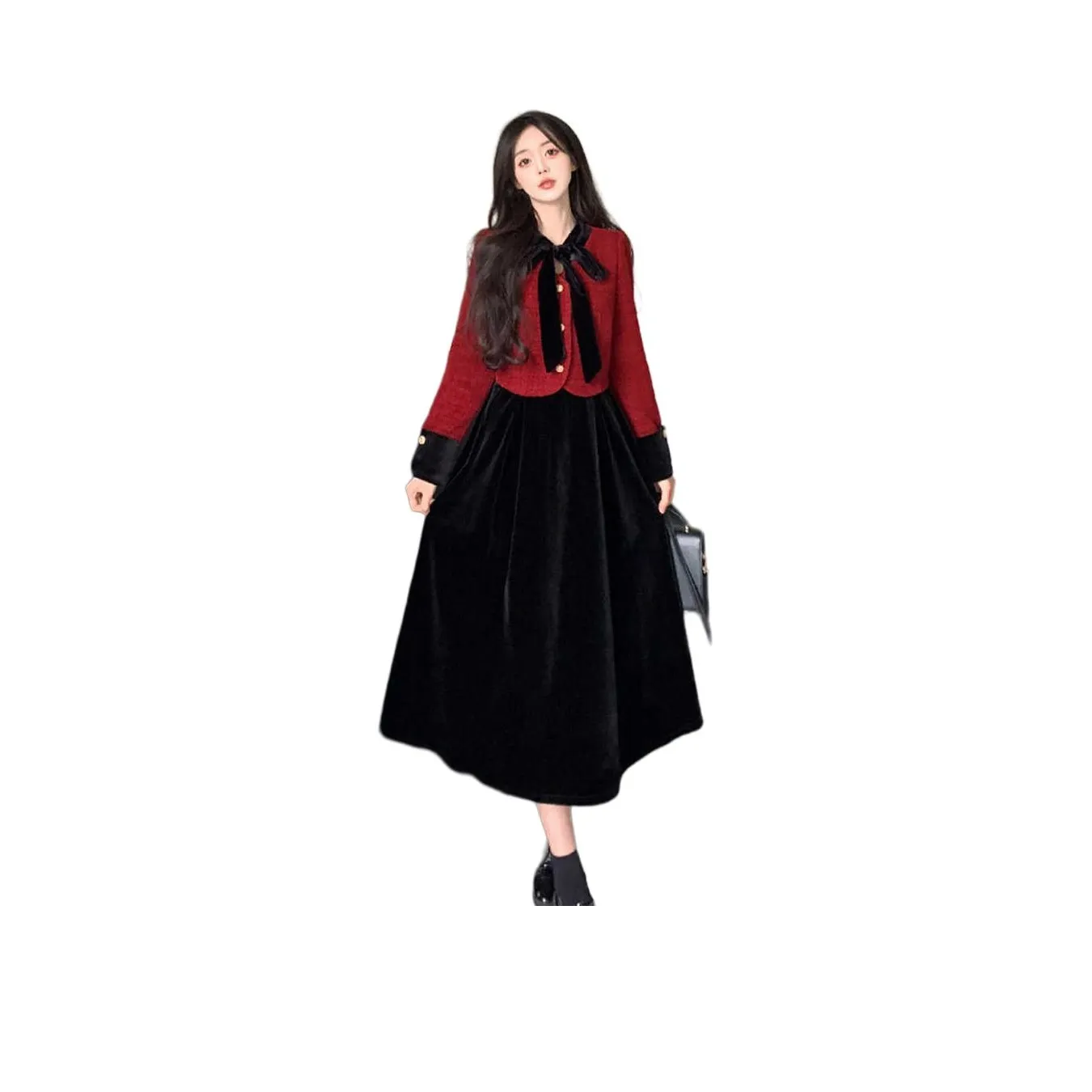 GULIANFEI Длинное платье с длинными рукавами женское красное и черное