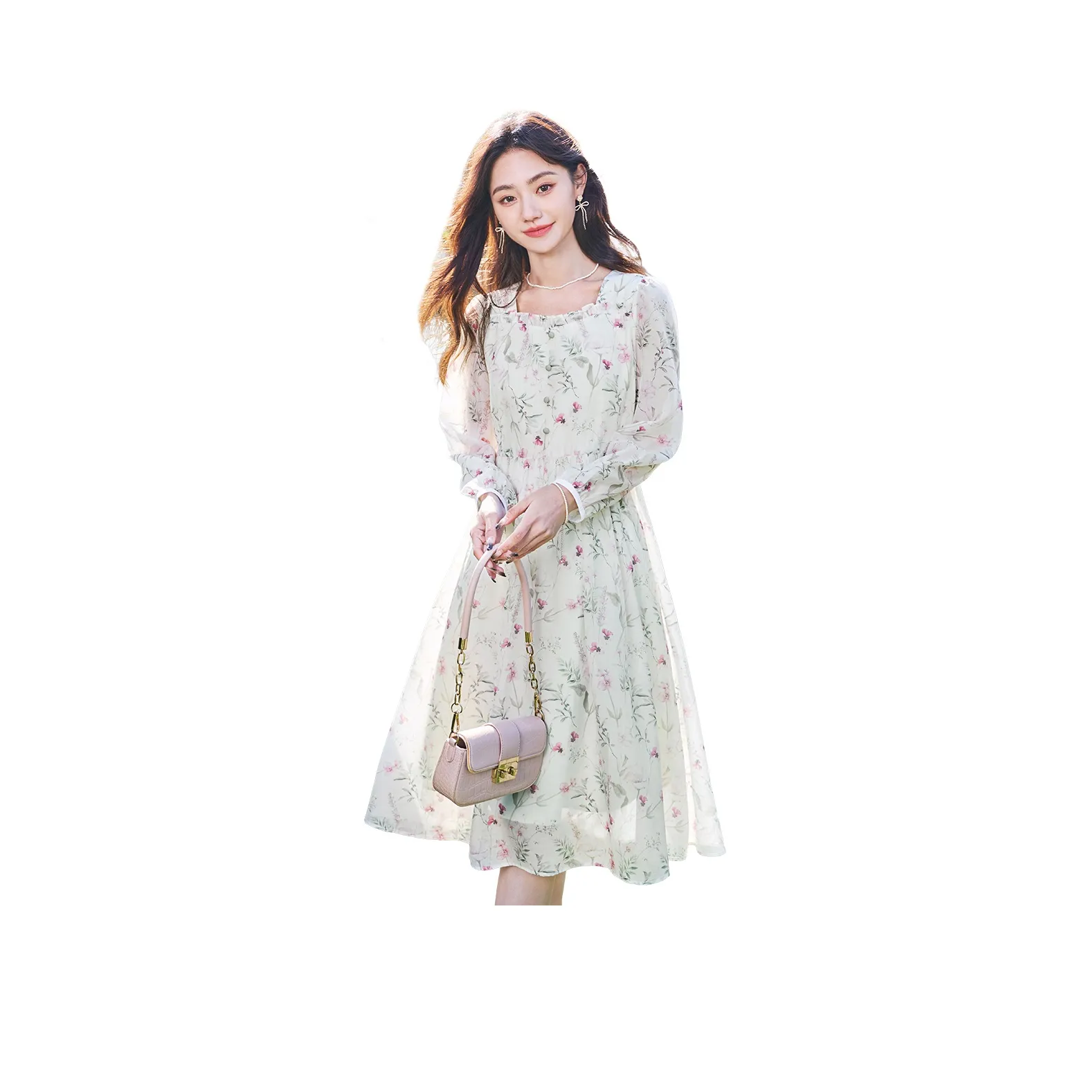 A Paradise For Awakening Long Sleeved Dress Women's Beige With Green Print
