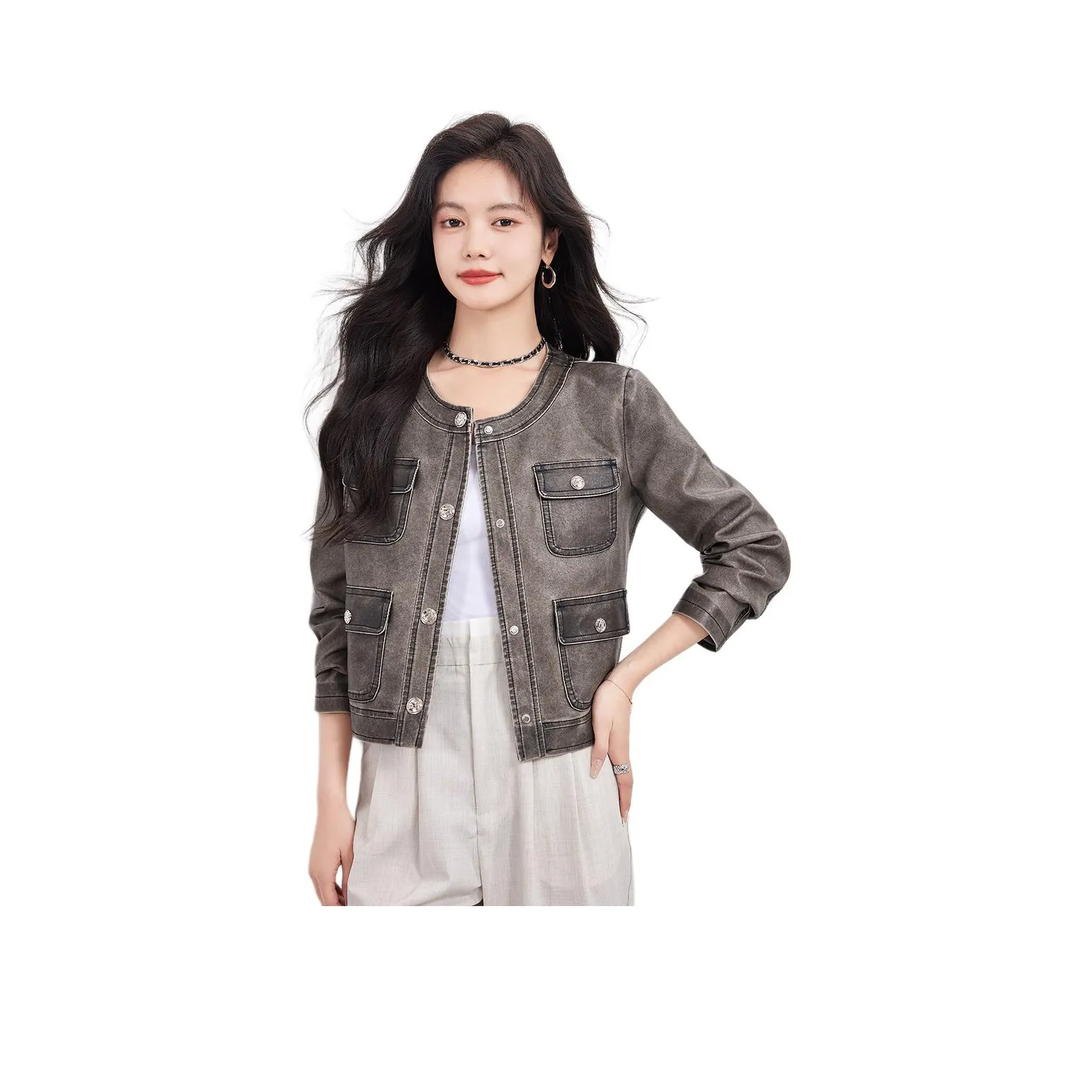 CARBAMMI Leather Jacket Women's Gray
