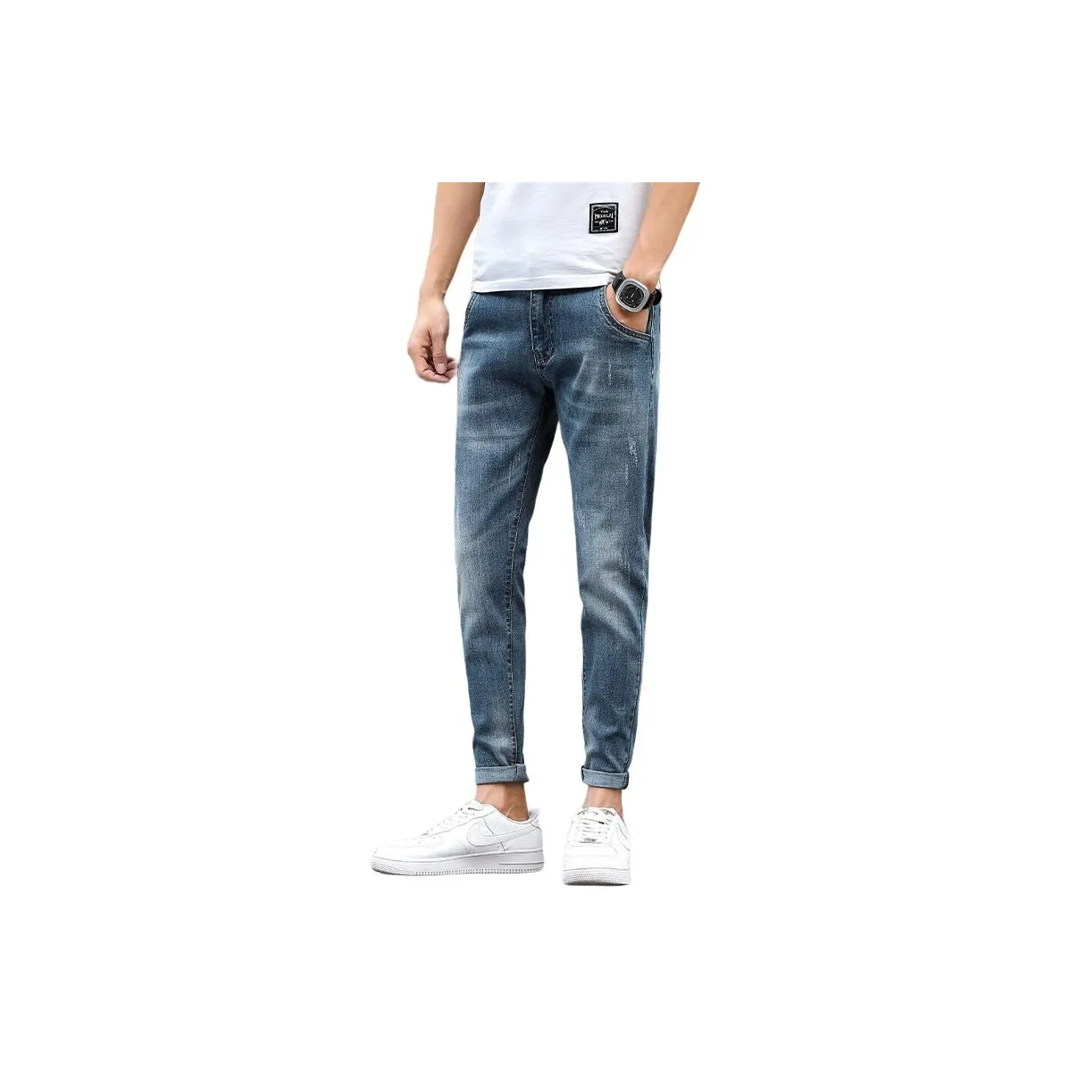 YUQIAN Светло-синие брюки на щиколотку, мужские джинсы