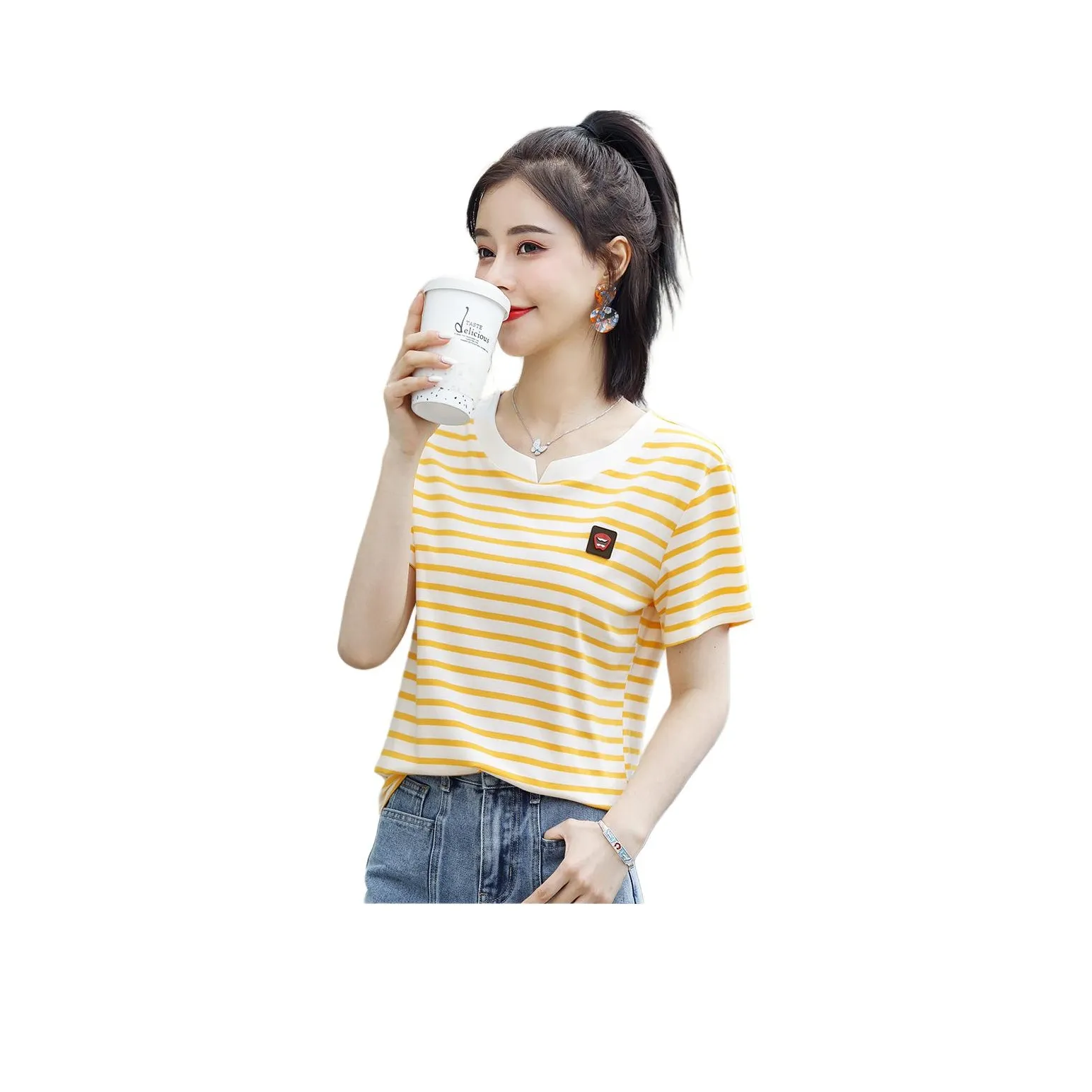 Mo Han Yi Mei T Shirt Women's White Base Yellow Stripes