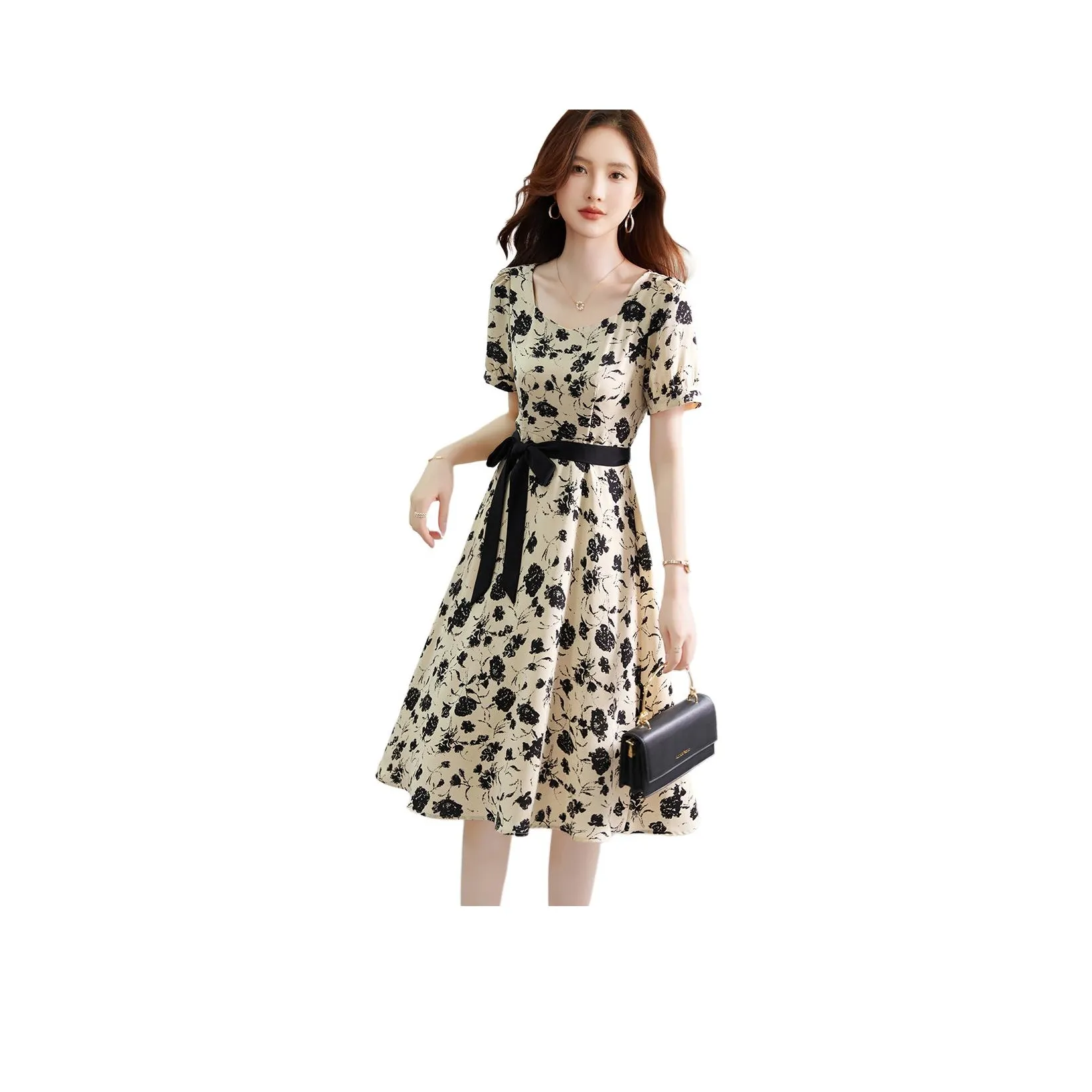 XWI SS24 Short Sleeved Dress Women's Beige With Black Floral