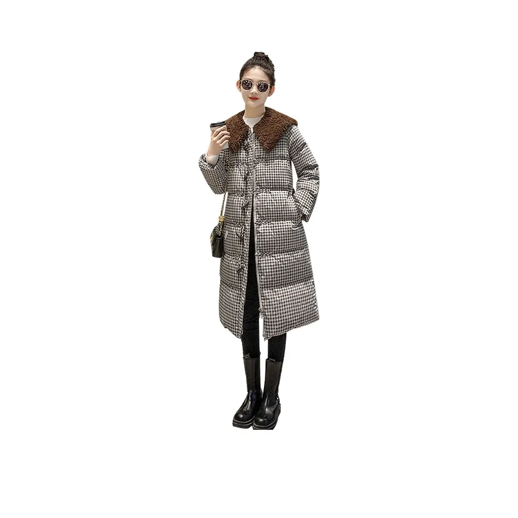 Cypress House Пуховик Женские Темный кофейный Синий Клетка