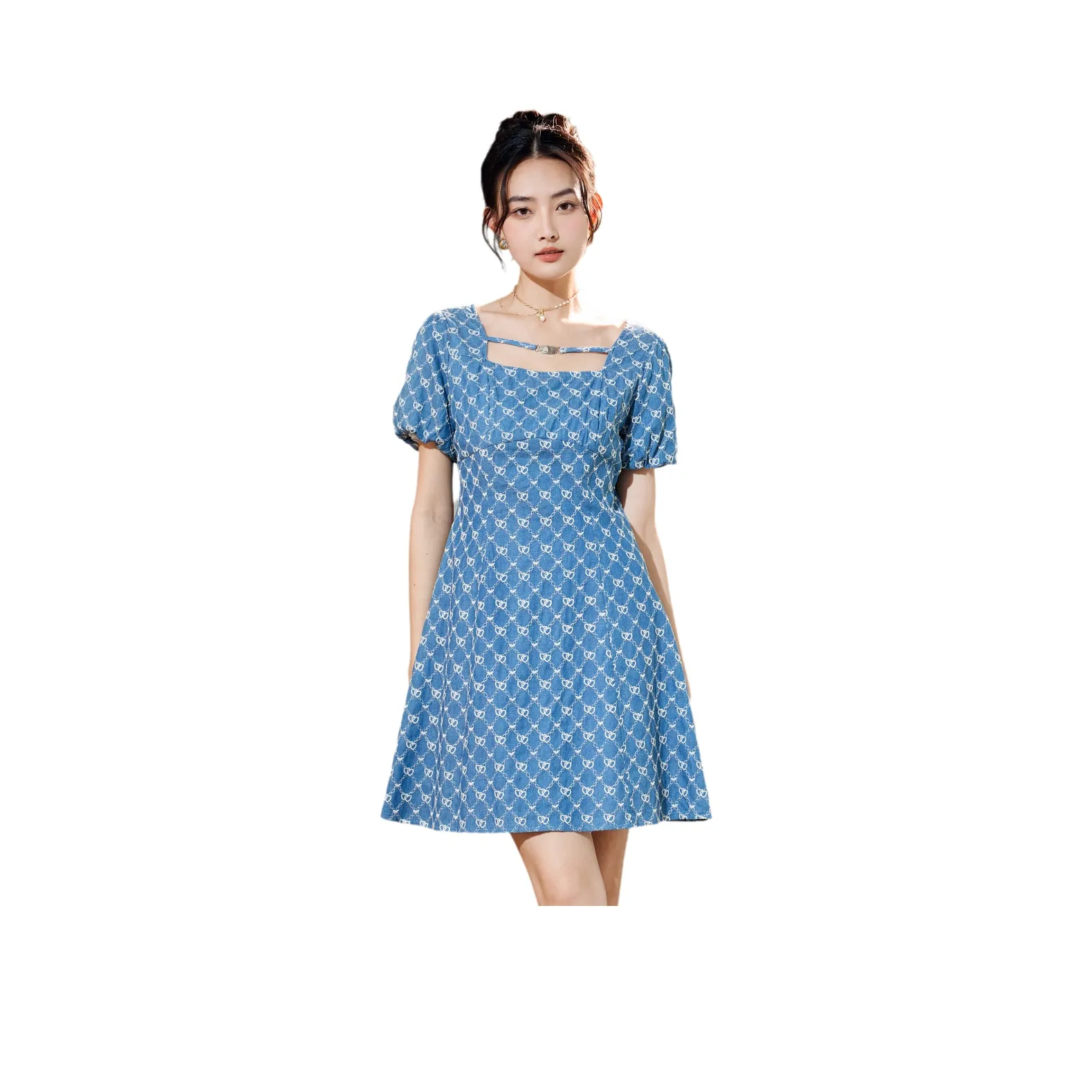 SMEN Короткий рукав Платье Женское Джинсовый синий