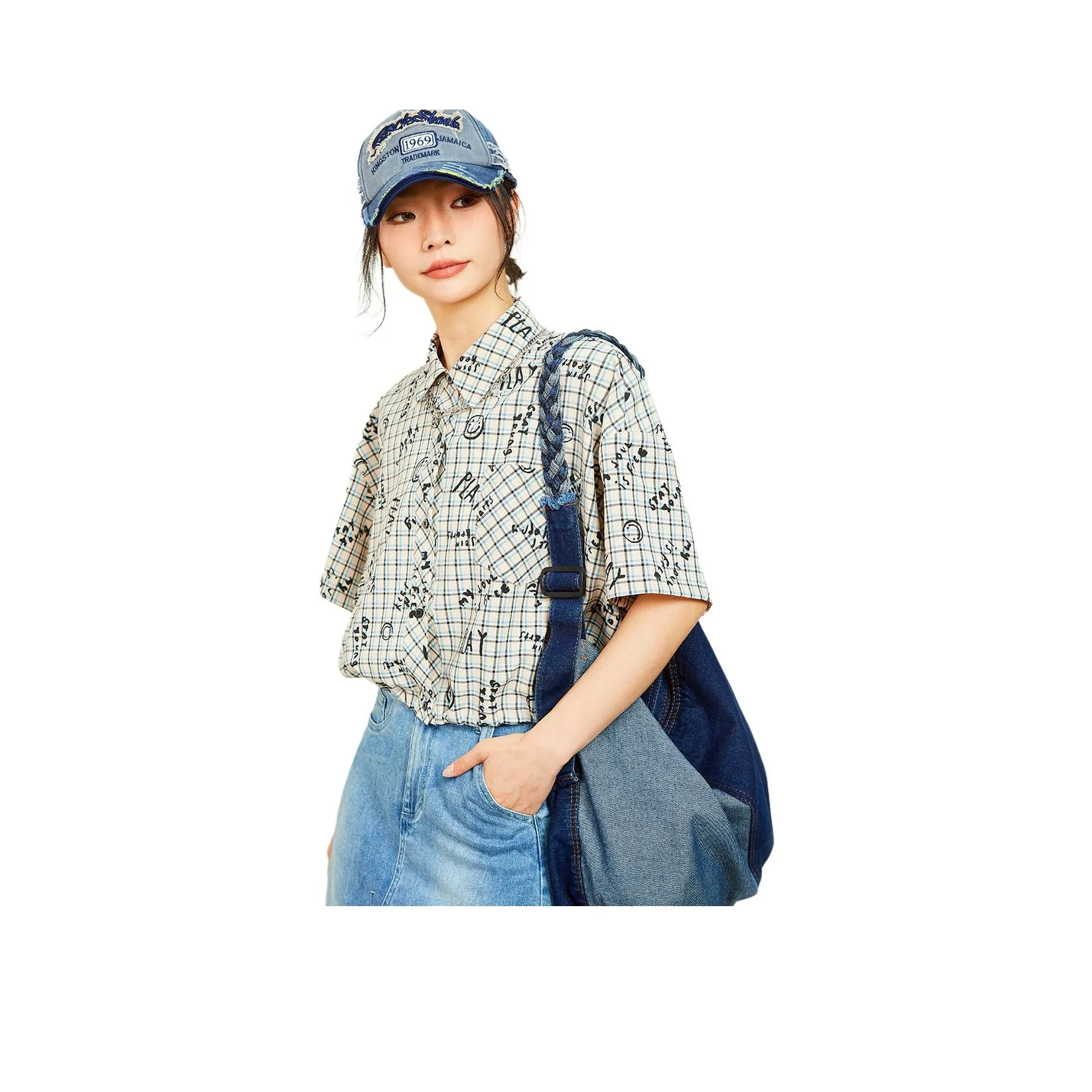 MUGUOGUOMU Бежевый Синий Check Женские Рубашки