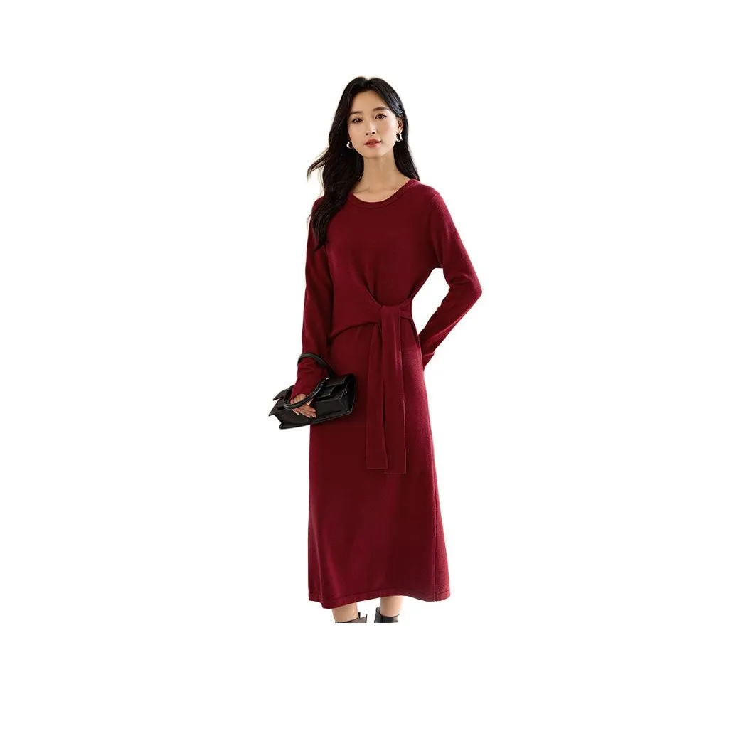 OUNIXUE Длинное платье с длинным рукавом женское темно-красное