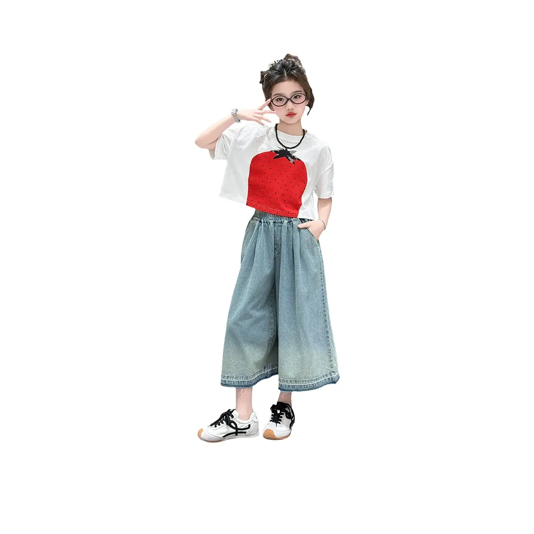 Because No Повседневная спортивная одежда Клубничный Короткий рукав Топ + Свободный крой Джинсы Детский