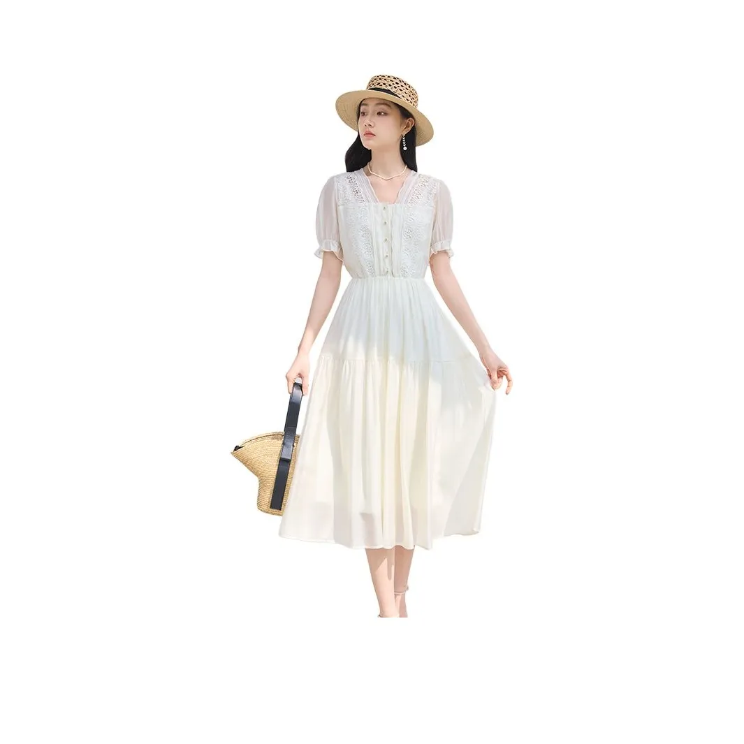 XIANGYING Короткое платье с короткими рукавами женское цвет экрю