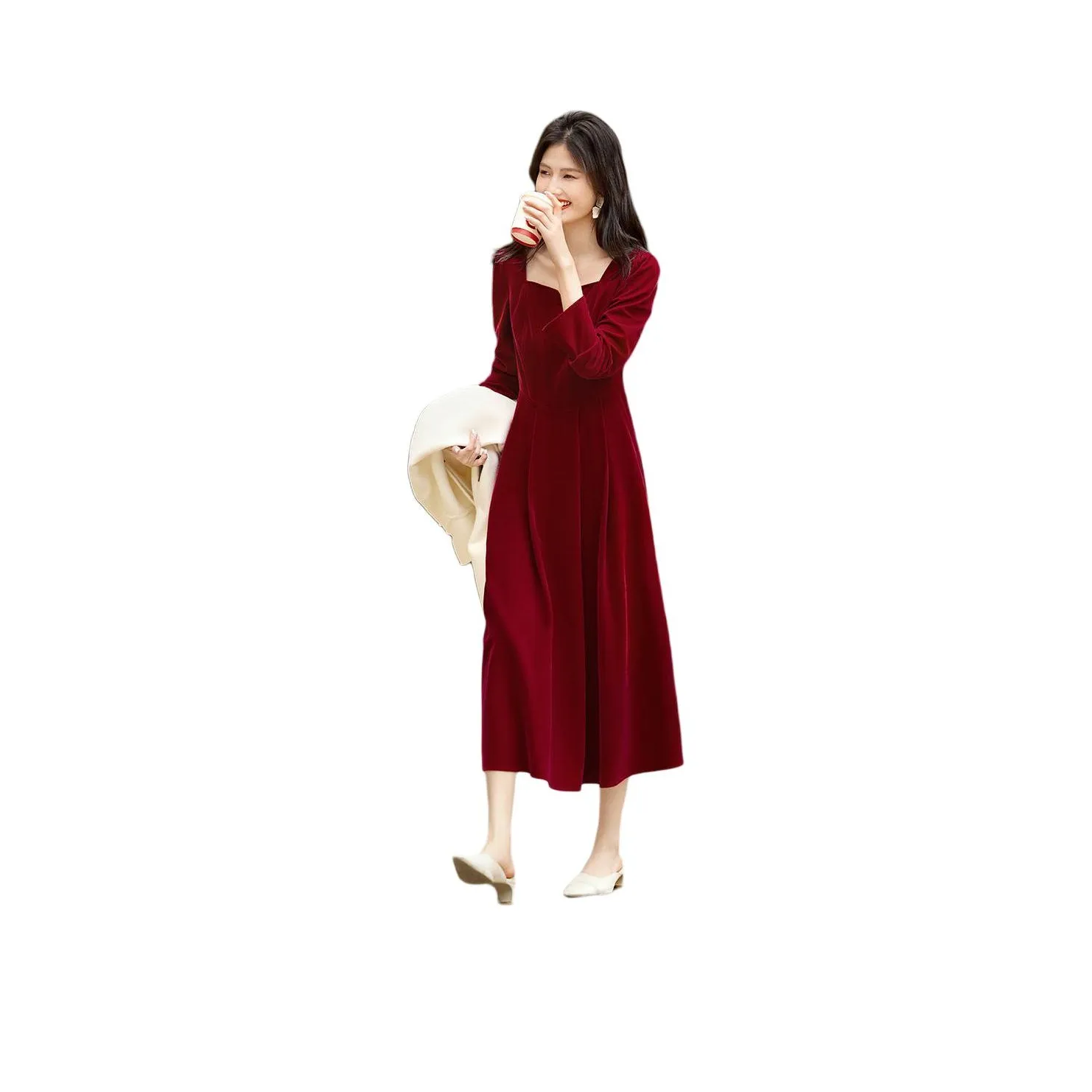 XWI Длинное платье с длинным рукавом женское бордового цвета