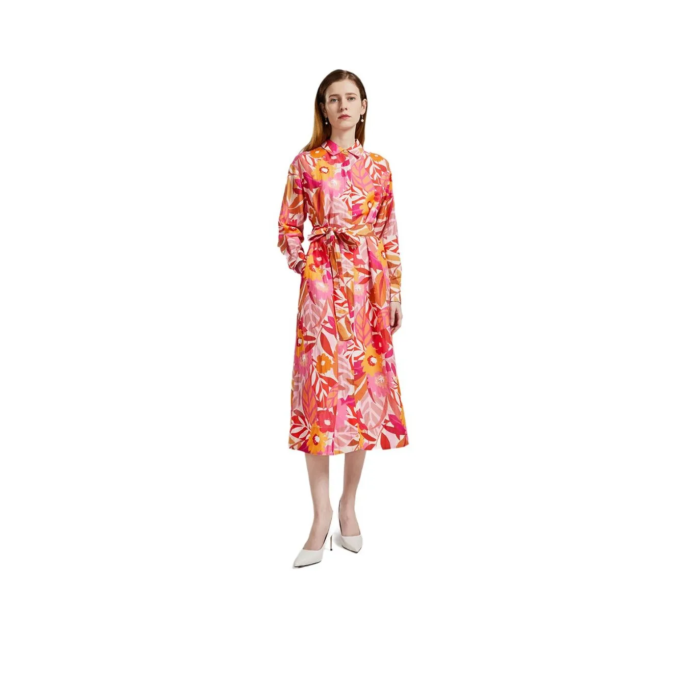 NINE WEST Long Sleeved Dress Women's White Base Pink Floral