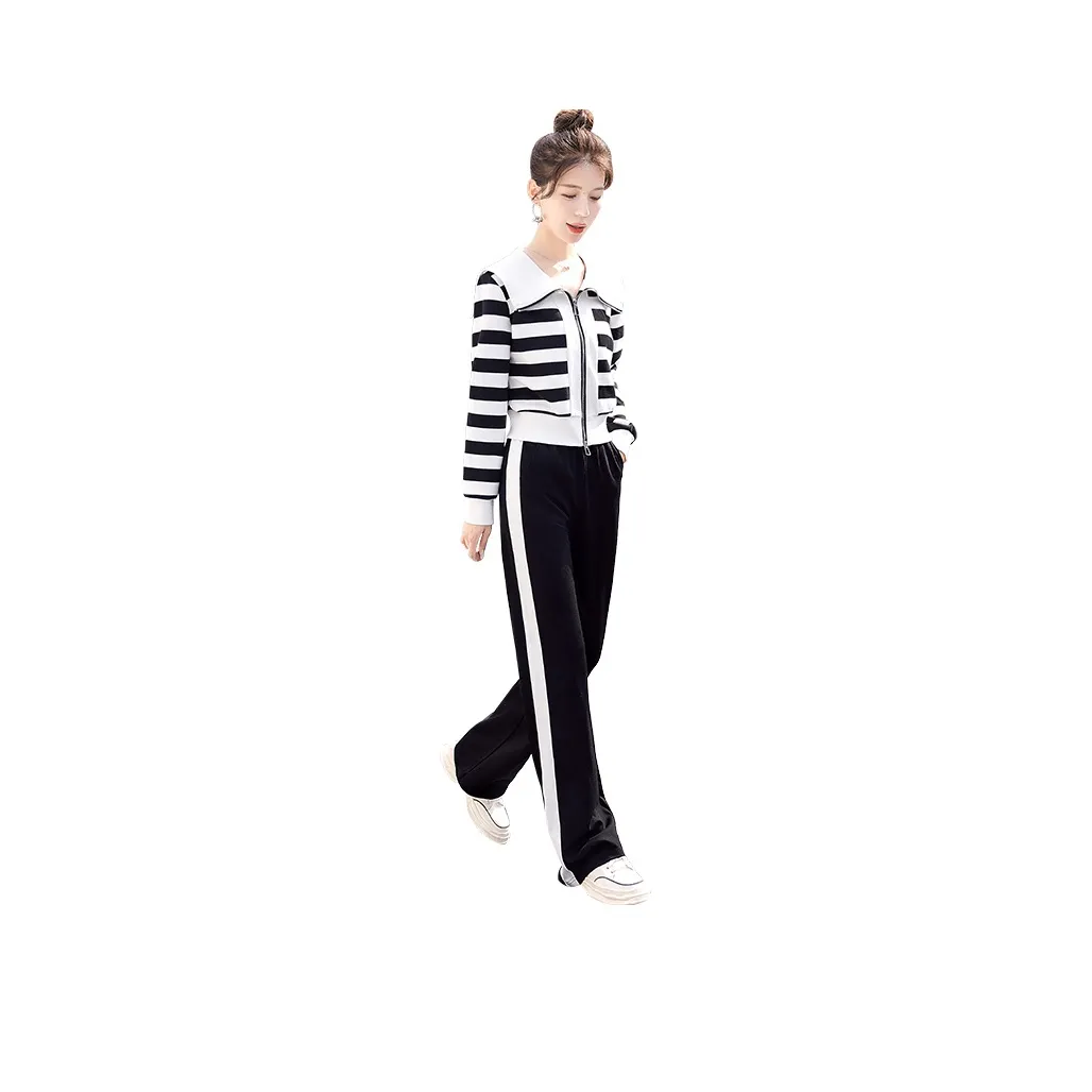 Cypress House Casual Suit Women's White Base With Black Stripes Pattern+Black Pants