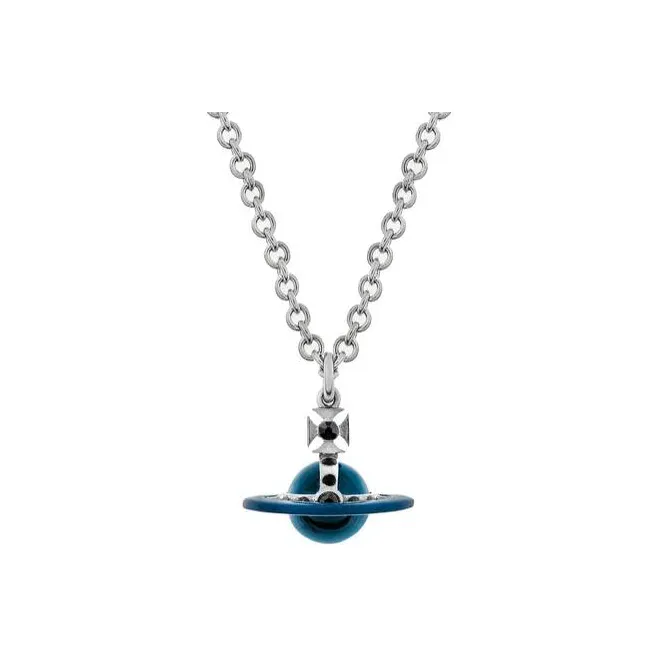 Vivienne Westwood Brass Enamel Crystal Necklaces Unisex Blue Ball/Silver Chain