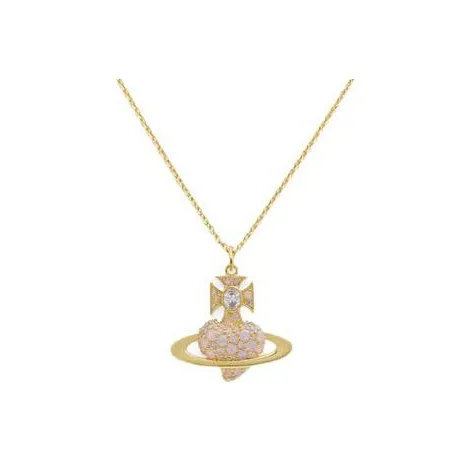 Vivienne Westwood Brass Pave Diamond 3D Effect Heart Saturn 3D Effect Pendant Necklace Women's Gold