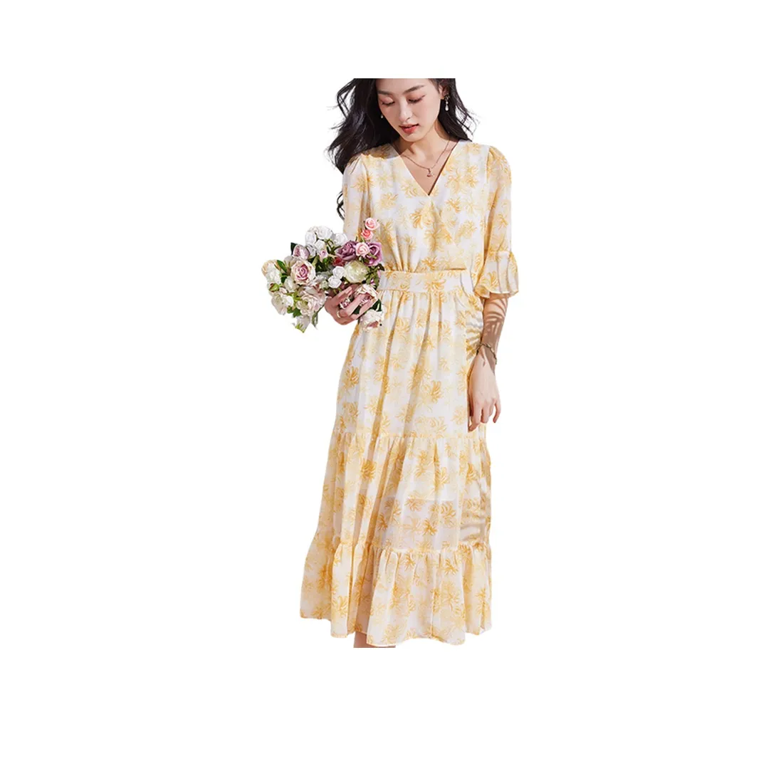 VICTORIA VERA Короткий рукав Платье Женское Желтое