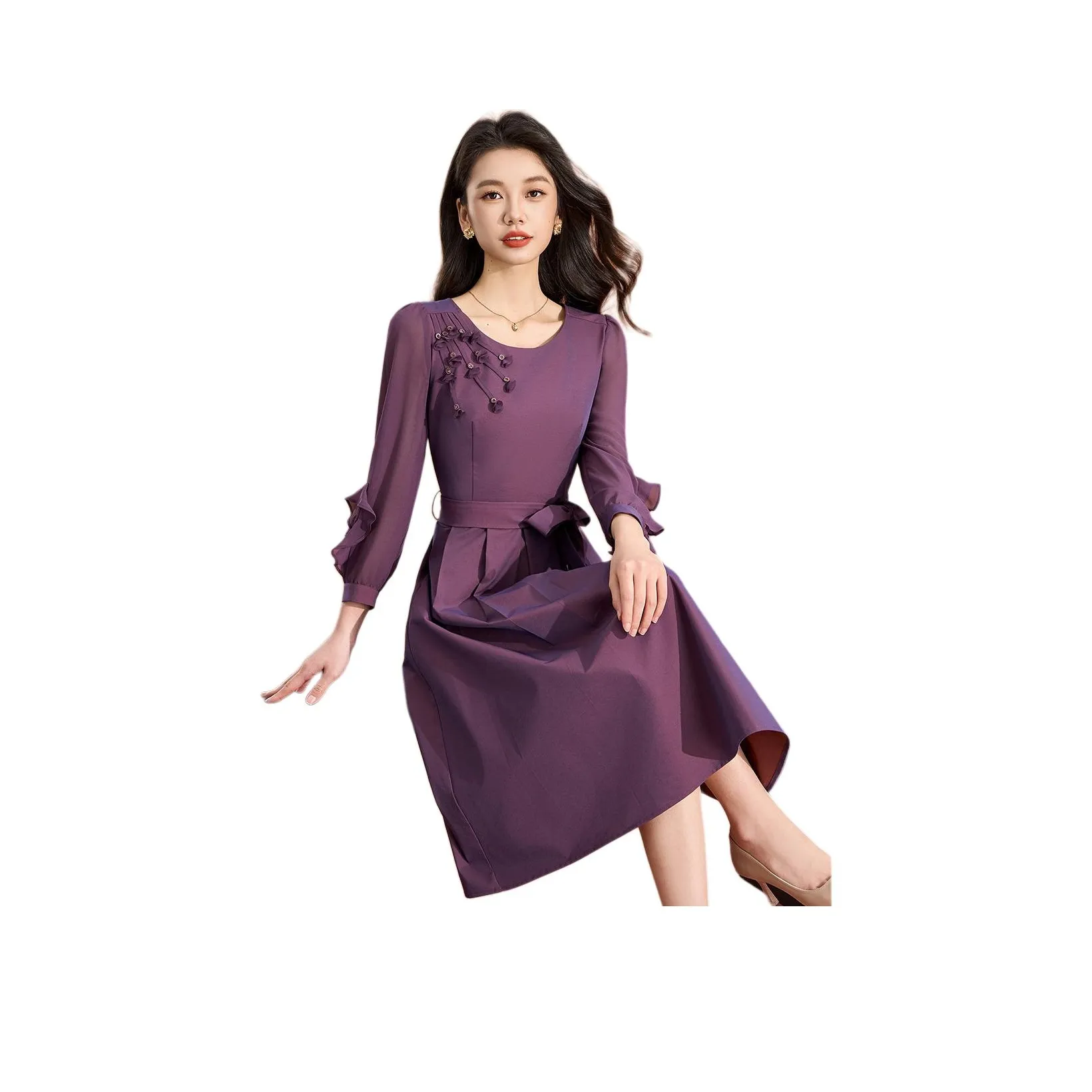 Mylan Весенний Летний Осенний Длинный рукав Платье с утяжкой на талии Женское Фиолетовое