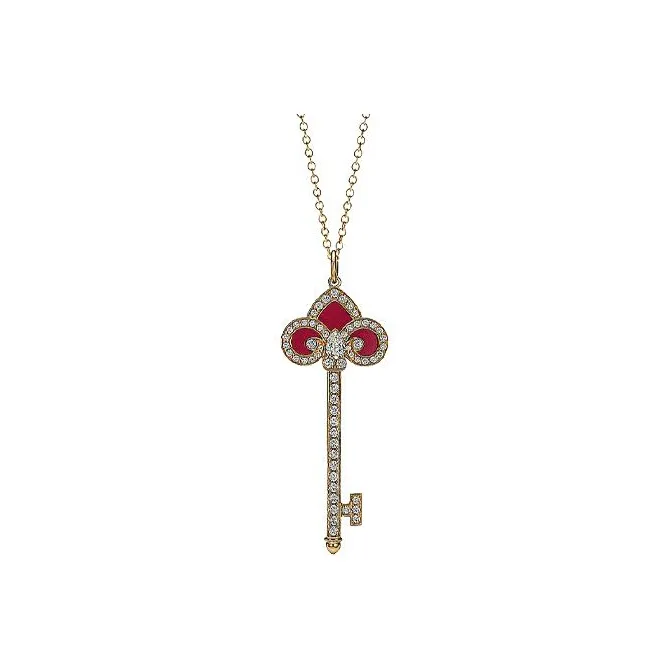 TIFFANY & CO. 18K Gold Inlaid Red Agate And Diamond Key Pendant Women's