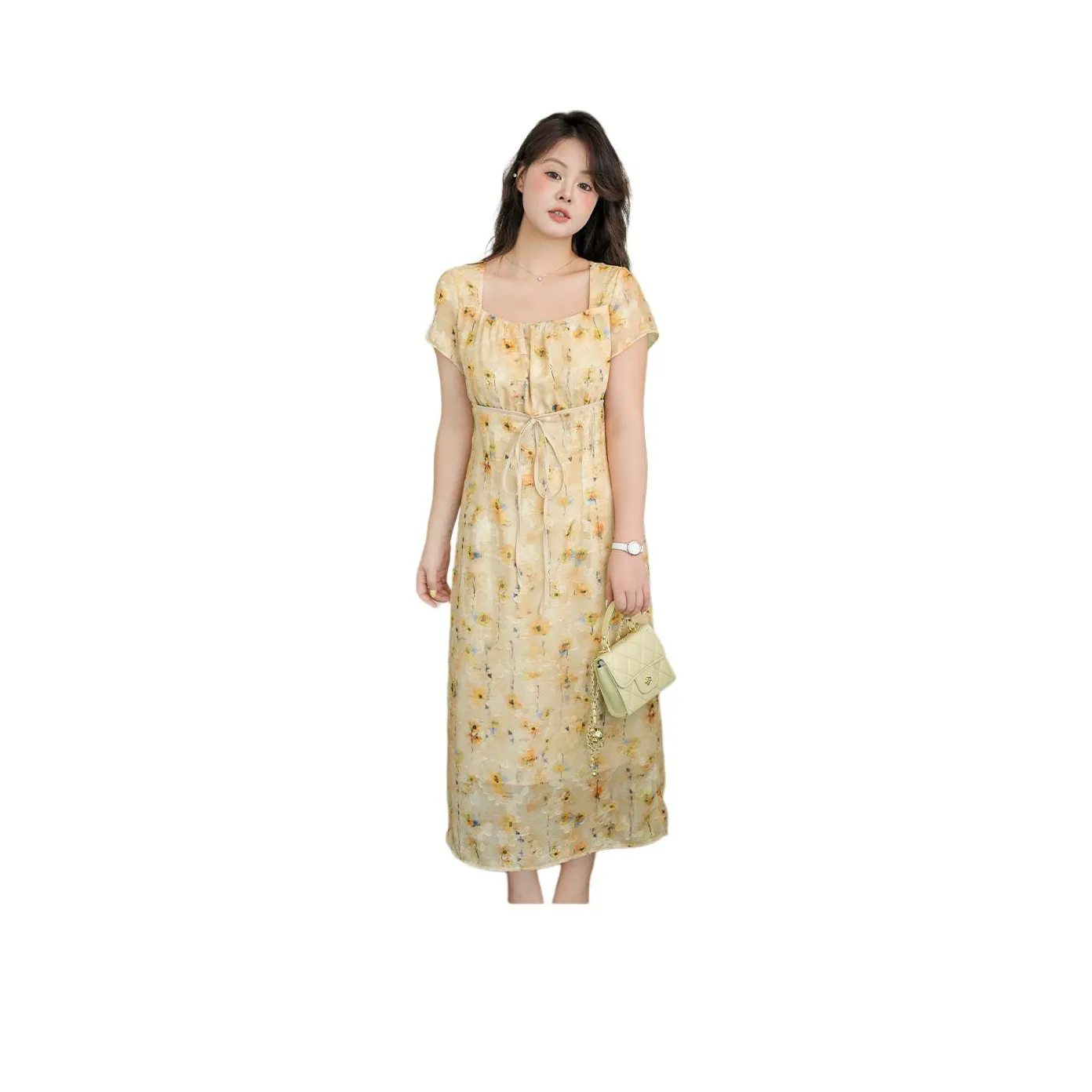 DAMABAIFENBAI Short Sleeved Dress Women's Autumn Green Yellow