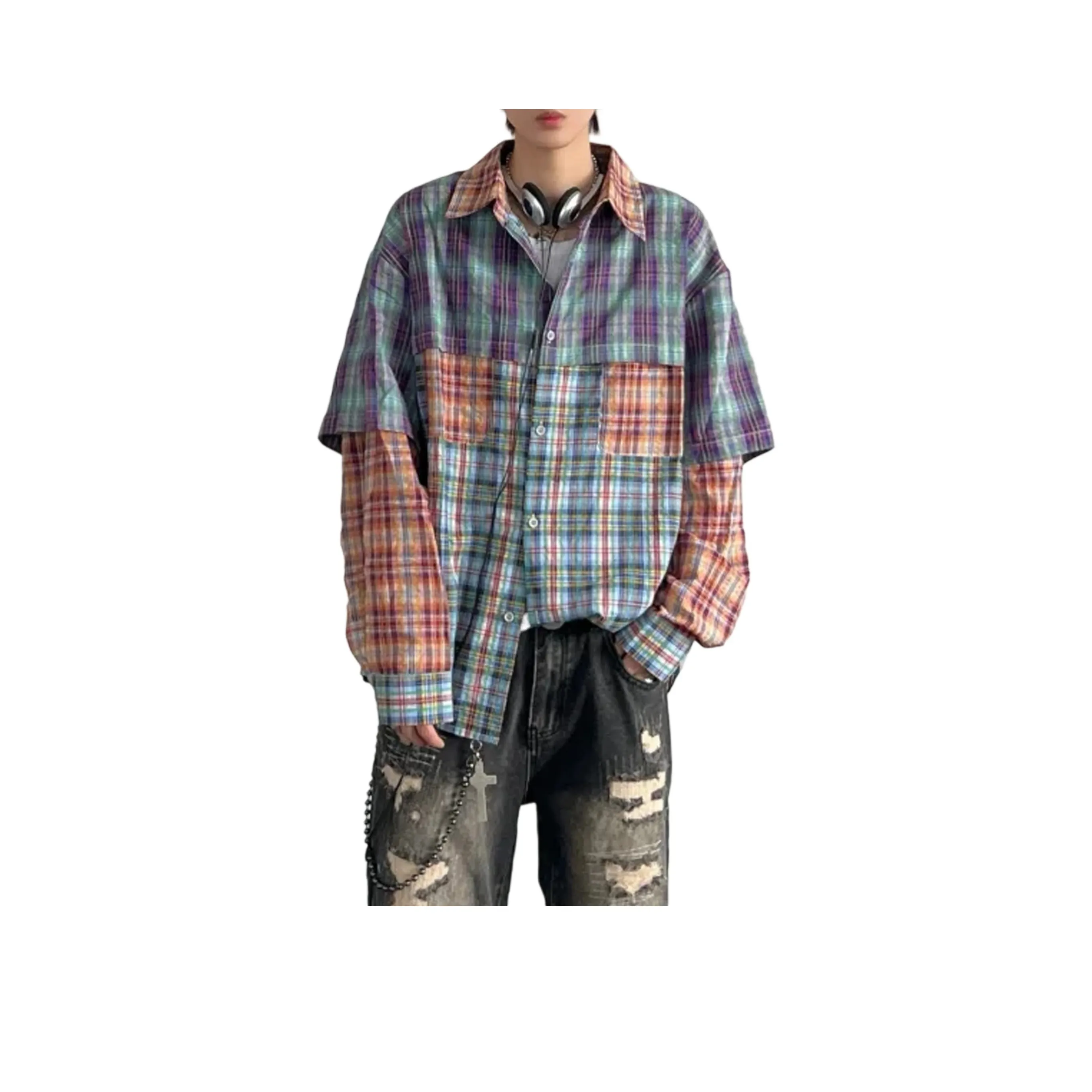 GANGZAI Фиолетовый и Зеленый Пэчворк Унисекс Рубашки