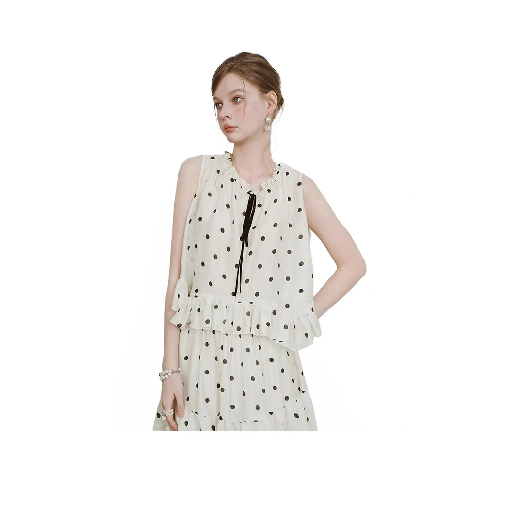 AIVEI Шифон Рубашка Женская Белая с Черной Точкой